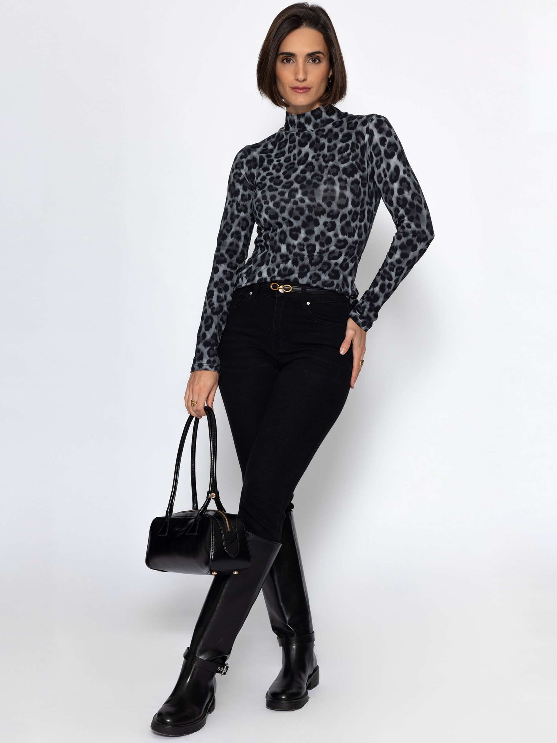 SASSYCLASSY Langarmshirt »Langarmshirt im Leo-Print« Figurbetontes Baumwollshirt mit schmalem Stehkragen Braun Grau