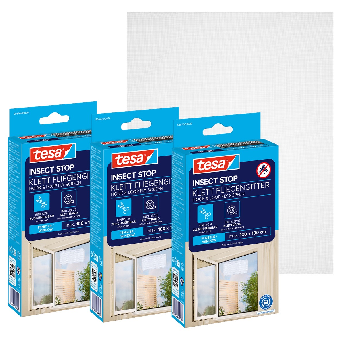 tesa Insektenschutz-Fensterrahmen »Insect Stop Standard Fliegengitter für Fenster - 1.0 m : 1.0 m« Packung, Fliegennetz, Klettband, 3 Stk. tlg. Insektenschutzgitter -Fliegenetz ohne Bohren-zuschneidbar