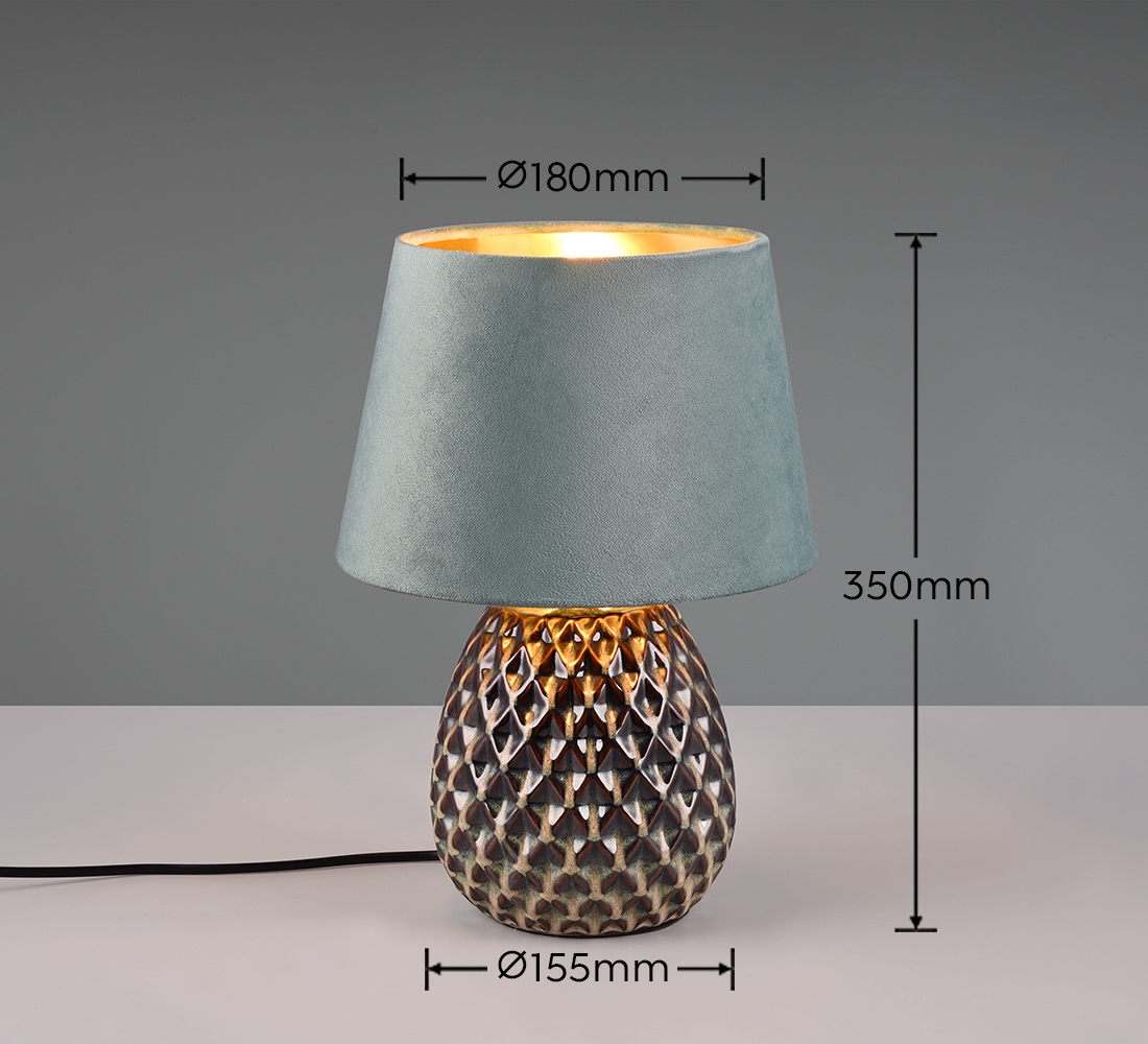 REALITY Leuchten Schreibtischlampe »ARIANA Tischleuchte exkl 1xE27 max60W Höhe 35cm Ø 24cm Nachttischlampe«, 1 flammig, Leuchtmittel E27 | Leuchtmittel wechselbar, Struktur Keramik Samt Schirm innen gold,Tischlampe mit Schnurschalter