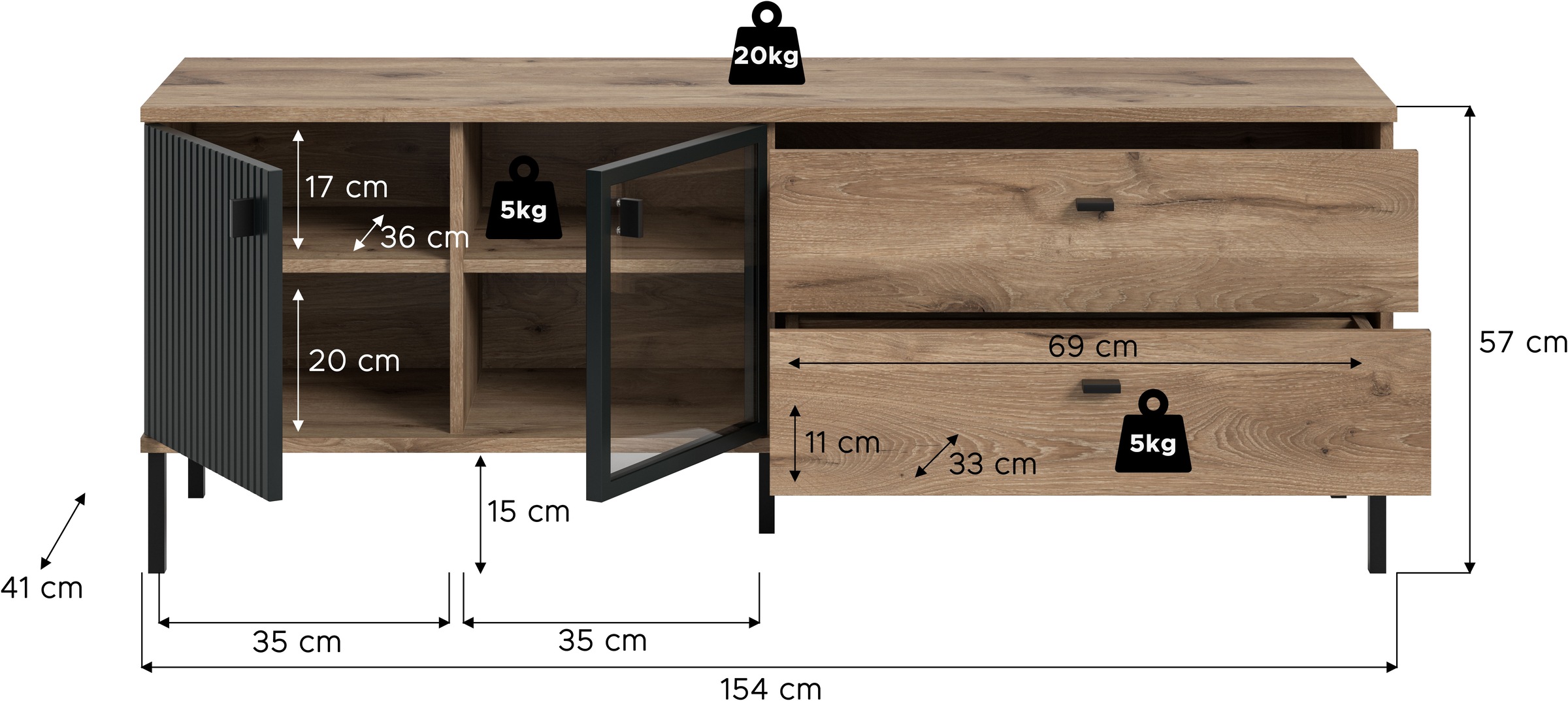 INOSIGN Lowboard »TREVERK, Breite: 154 cm, hochwertige MDF-Front schwarz tiefzieh« 1 Stk. tlg. Lowboard, Wohnzimmer, Esszimmer