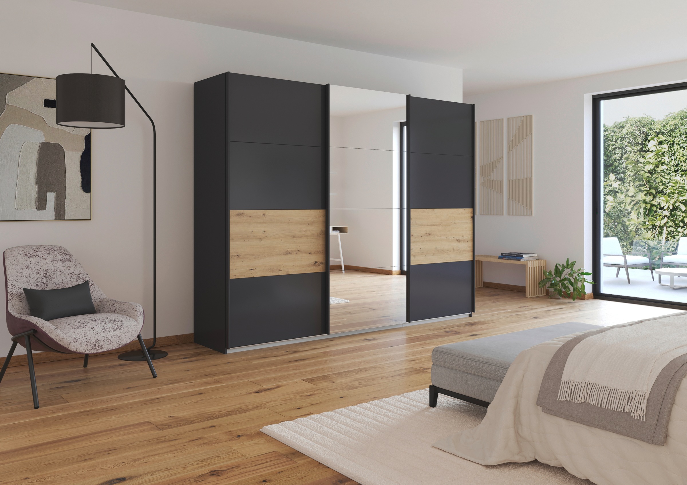 rauch Schwebetürenschrank »Schwebetürenschrank Kleiderschrank Schrank Garderobe CORTONA«, inkl. Inneneinteilung, 2 Stoffboxen und zusätzlichen Einlegeböden