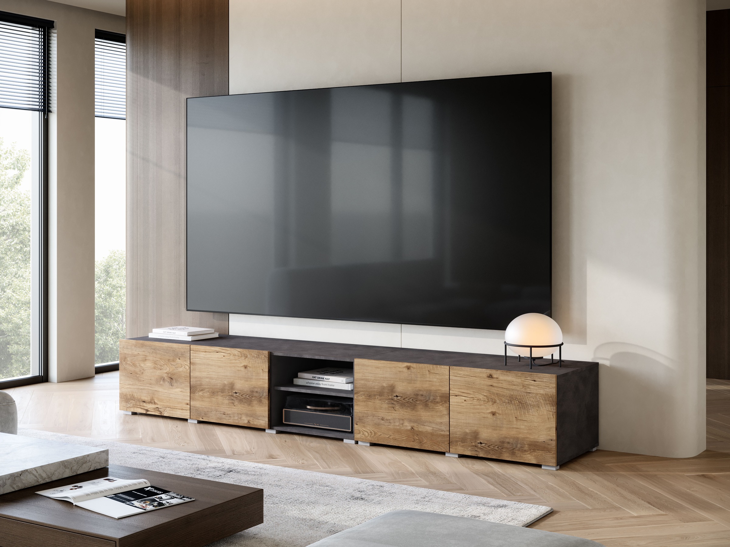 OTTO home Lowboard »Denver 250 cm für bis zu 98-Zoll TVs - Weltmeisterschaft im XXL Format« Wahlweise mit oder ohne offenes Fach in der Mitte