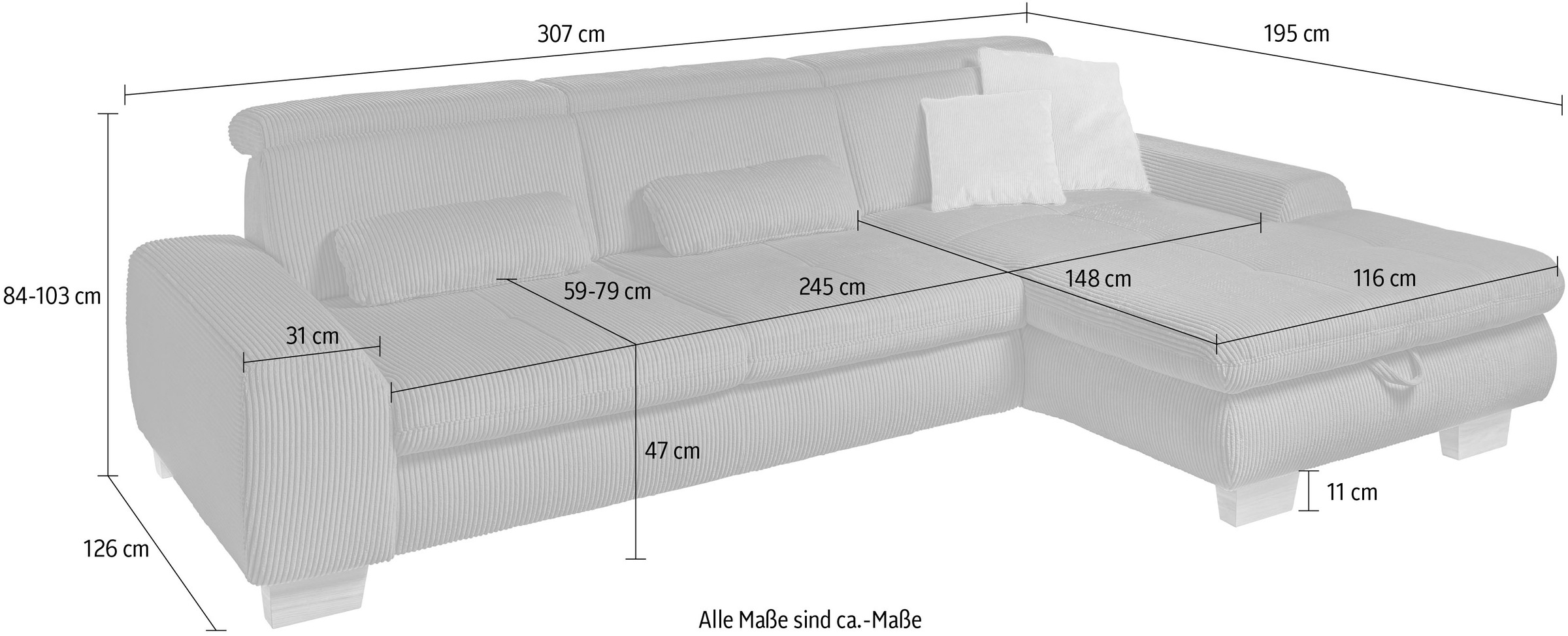 set one by Musterring Ecksofa »SO 3400, Cord, Sitzhöhe 47cm oder 49cm, inkl. Sitztiefenverstellung«, mit Canape und verschiedenen Funktionen, Kaltschaum, B307 x T195 cm