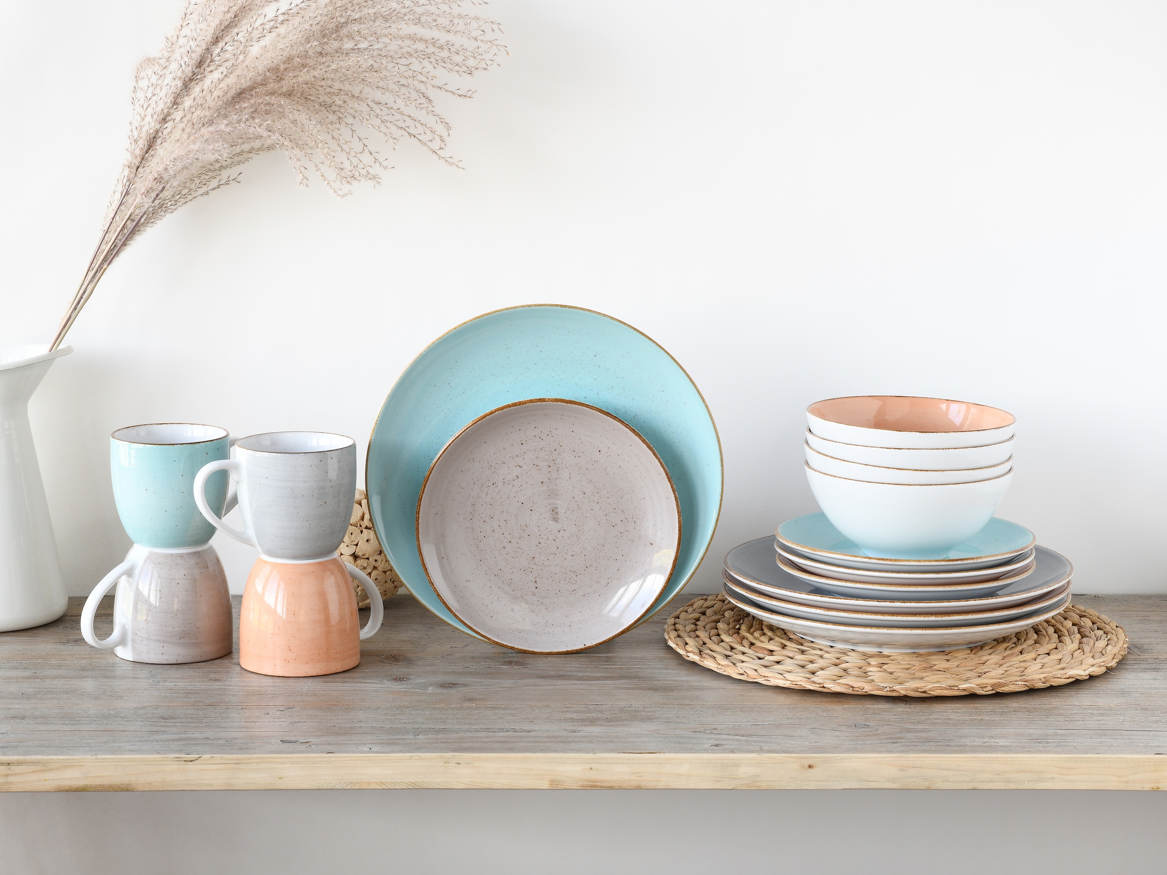 CreaTable Kombiservice »Geschirr-Set VINTAGE NATURE«, (Set, 16 tlg., Kaffeeservice und Tafelservice im Set, für 4 Personen), Service, handgemalt, gesprenkelt, 16 Teile, für 4 Personen