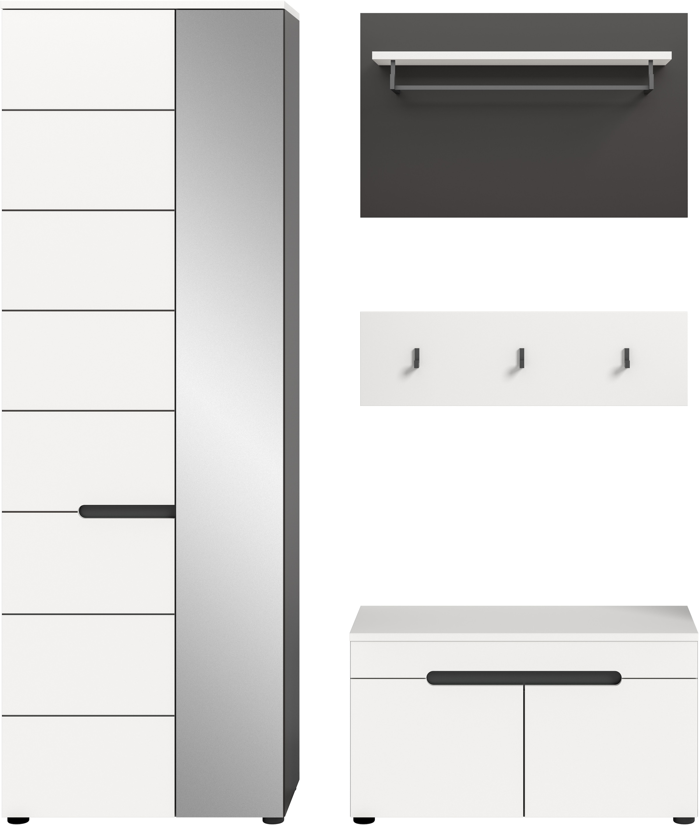 INOSIGN Garderoben-Set »REHAT, TOPSELLER!, 4-teilig, Breite 160cm, individuell stellbar« bestehend aus: Garderobenschrank, Sitzbank, Paneel, Hakenleiste, 3 Stk. tlg.