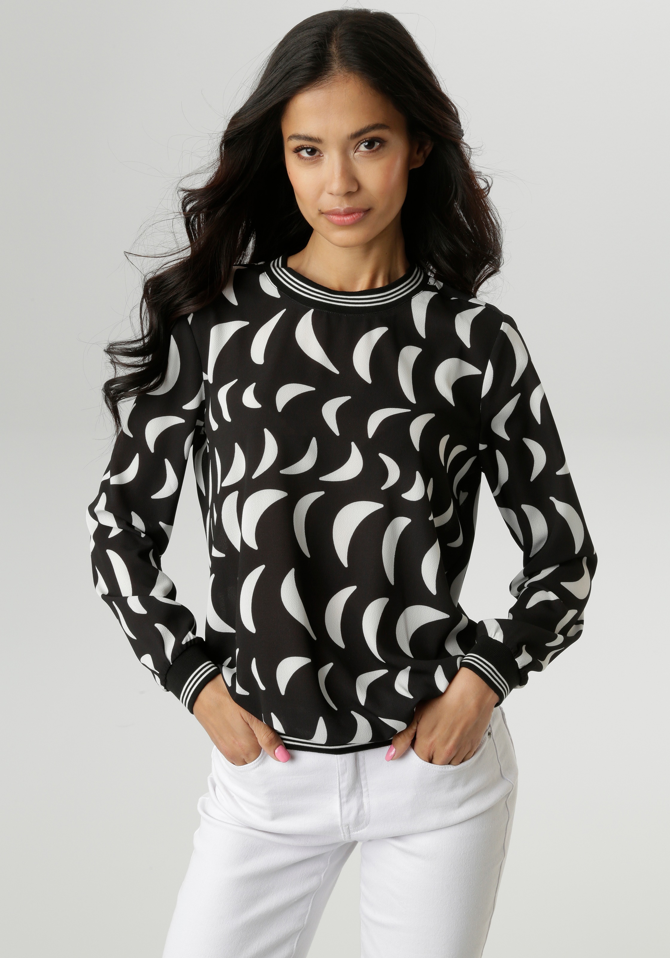 Aniston Selected Damen Shirtbluse mit sportiv gestreiften Bündchen - NEUE KOLLEKTION in schwarz-weiß, Größe 44