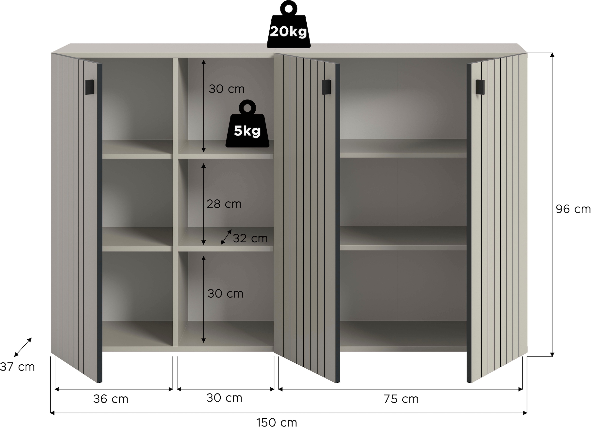 INOSIGN Schuhschrank »TATIO, Breite 150 cm, Rillenoptik, offene Fächer, 3 Türen« 1 Stk. tlg. Garderobenschrank, Flurkommode, Kommode, Schuhschrank