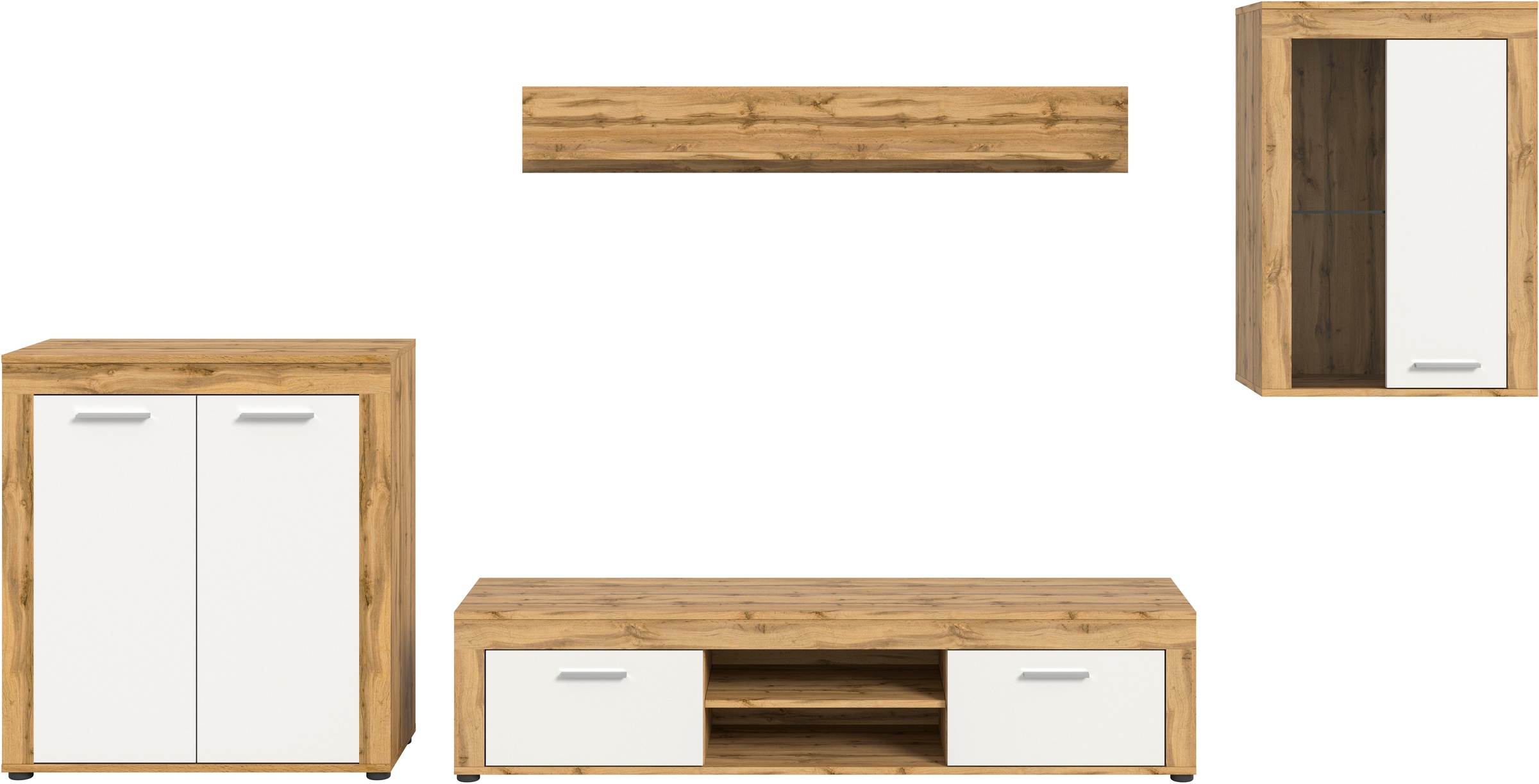 INOSIGN Wohnwand »Aosta, 4-tlg., best. aus: Highboard, Lowboard, Wandboard & Vitrine«, (4 St.), Wohnwand, Kombination, Anbauwand, Möbel Set, Schrankwand, Möbel Kombi