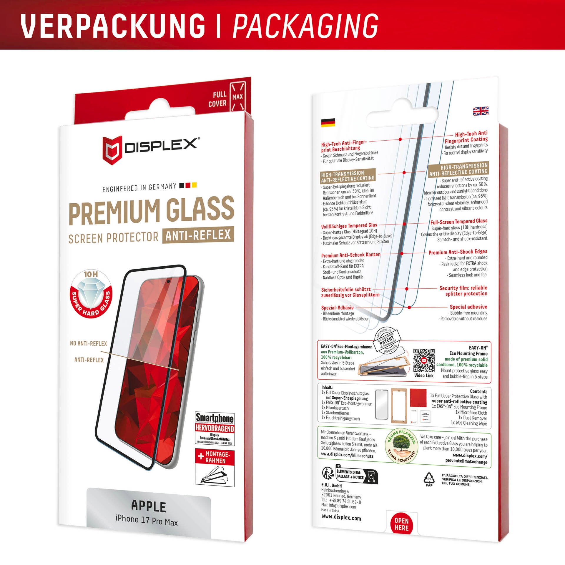 Displex Displayschutzglas »Premium Glass Screen Protector Full Cover«, für Apple iPhone 17 Pro Max, Displayschutzfolie, Schutzfolie, Bildschirmschutz, kratz- & stoßfest
