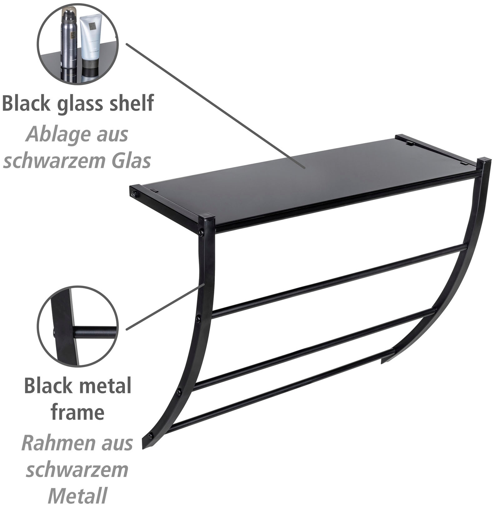 WENKO Wandregal »Tarderia«, mit Ablage aus Glas und 3 Handtuchstangen