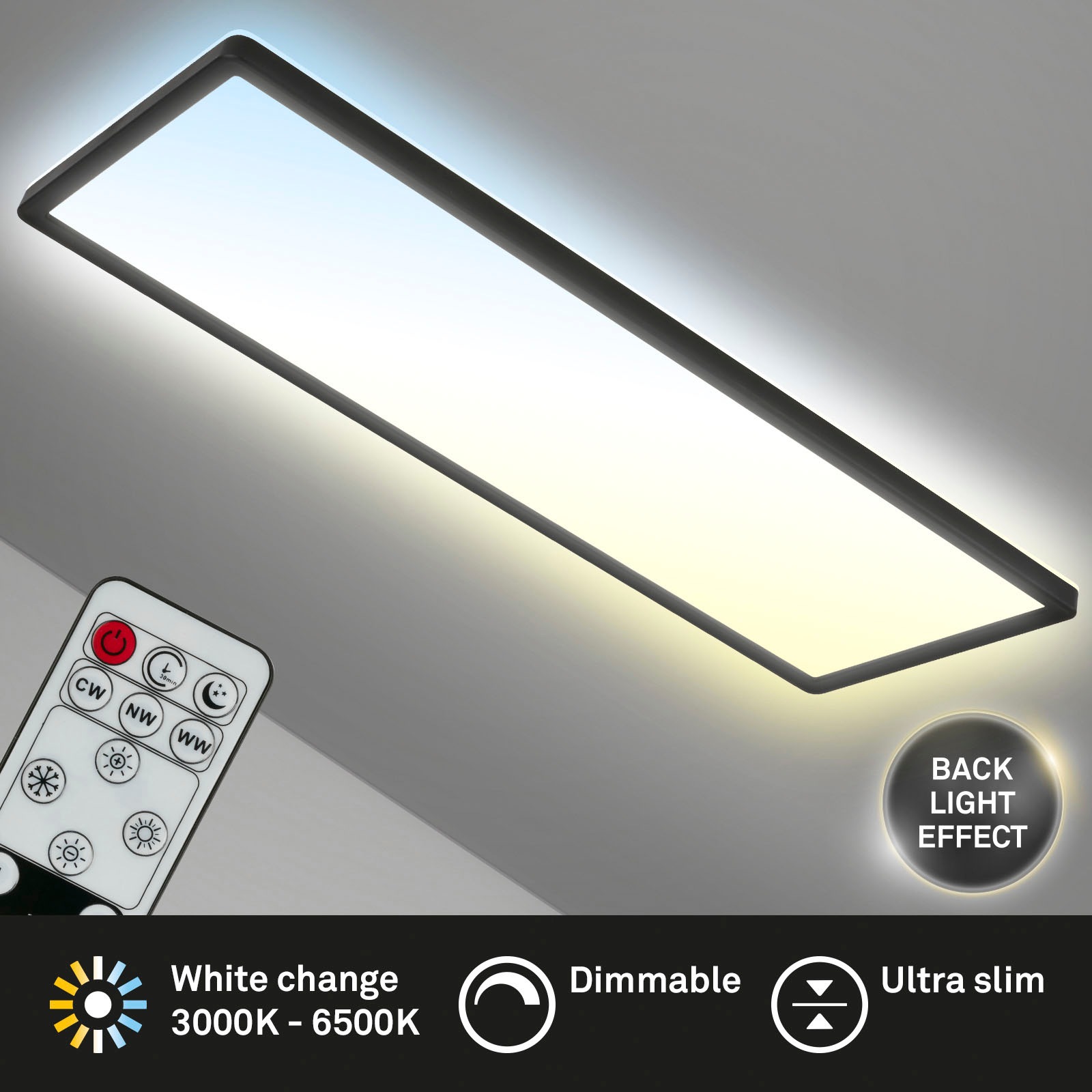 Briloner Leuchten LED Panel »7403015 SLIM«, Leuchtmittel LED-Board | LED fest integriert, Deckenlampe, 58x20x3cm, Schwarz, 23W, Wohnzimmer, Schlafzimmer, Küche