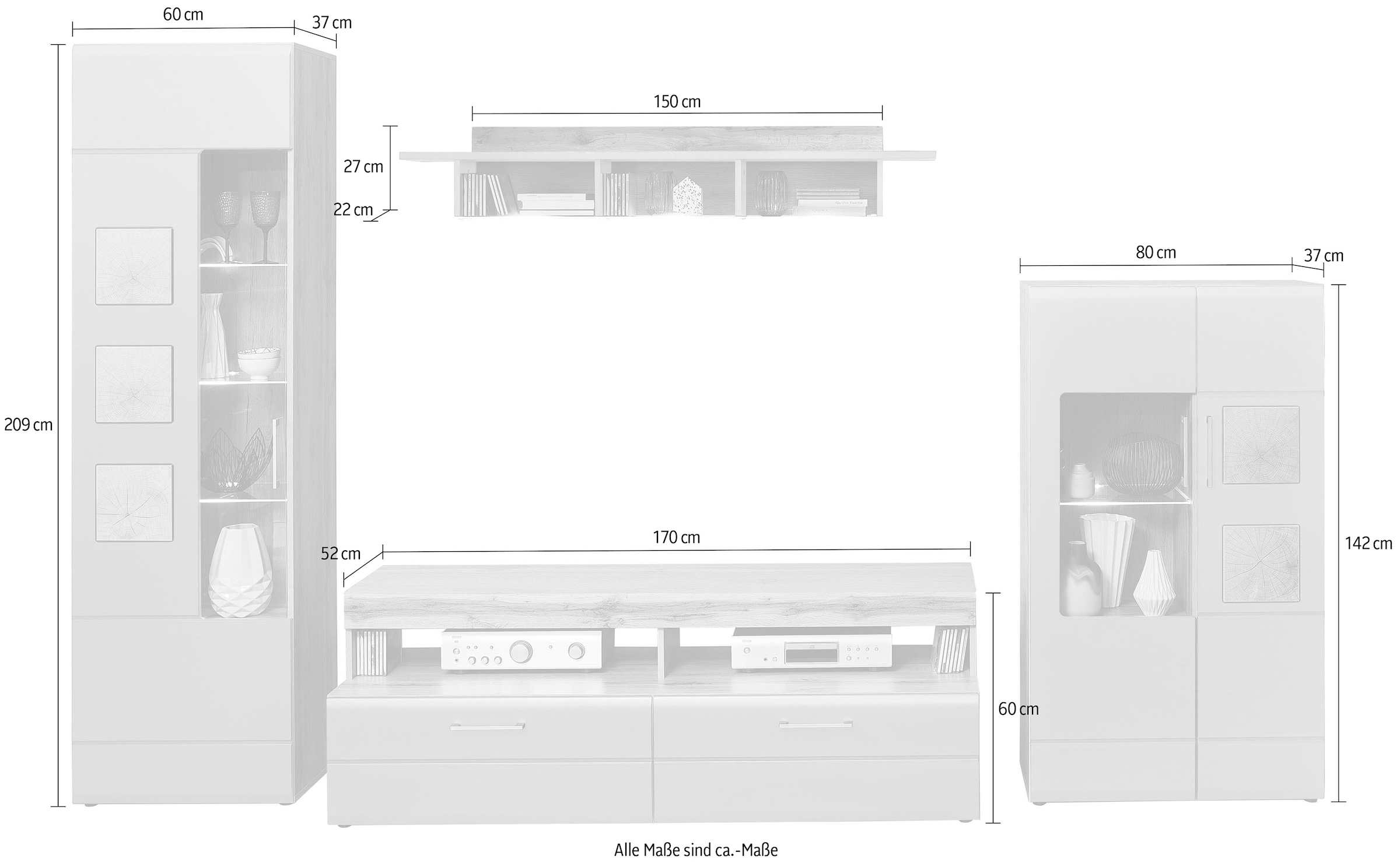 Innostyle Wohnwand »Wohnwand SINFONIE, 340/209/52 cm BxHxT« 4 Stk. tlg.