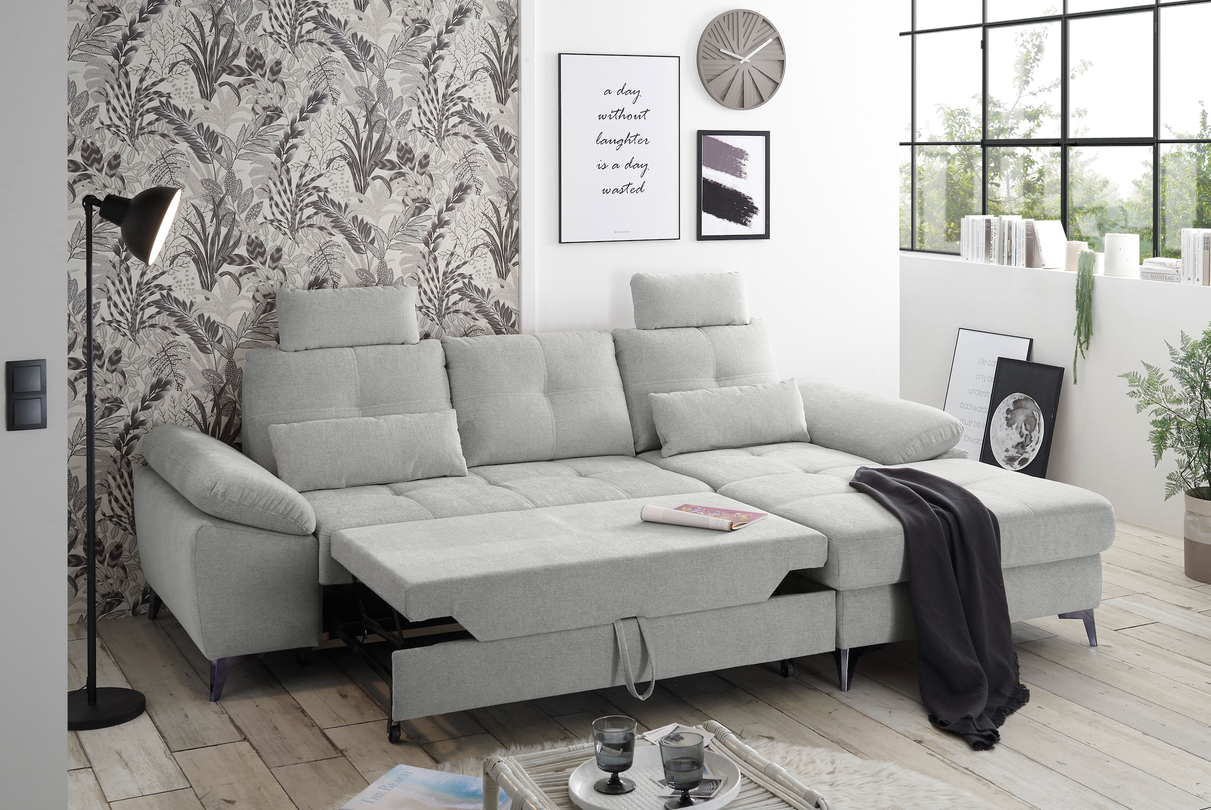 ED EXCITING DESIGN Ecksofa »Auckland L-Form mit Bettfunktion, Bettkasten«, Armteilverstellung, Kopfstützen & 2 Nierenkissen