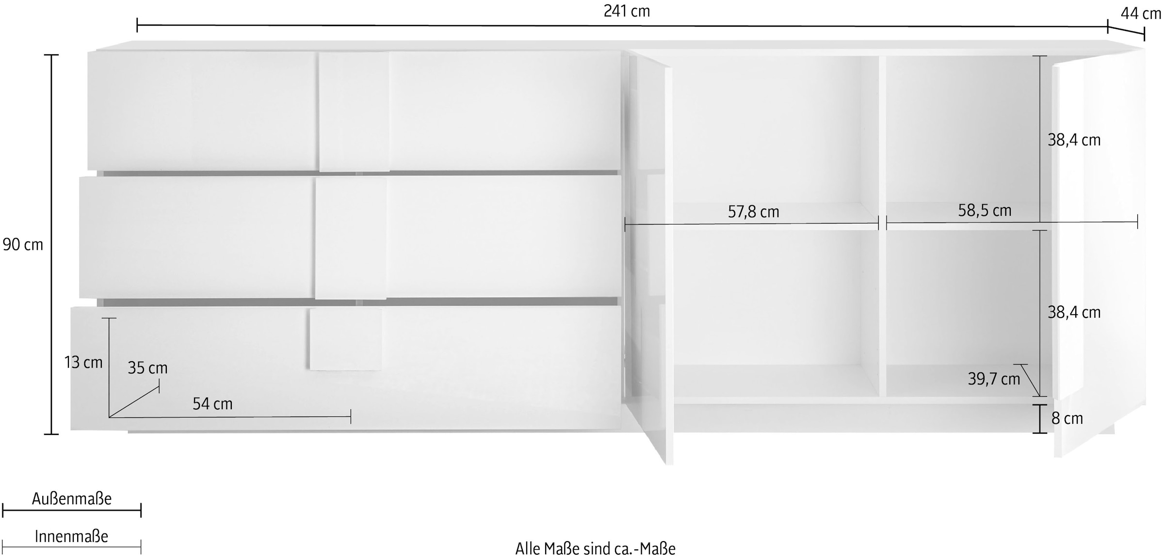 INOSIGN Sideboard »Jupiter, Breite 241 cm, Kommode 2 Türen - Soft Closing, 3 Schubkästen,« Anrichte, moderne Griffblende, FSC®, cleveres Stauraumkonzept