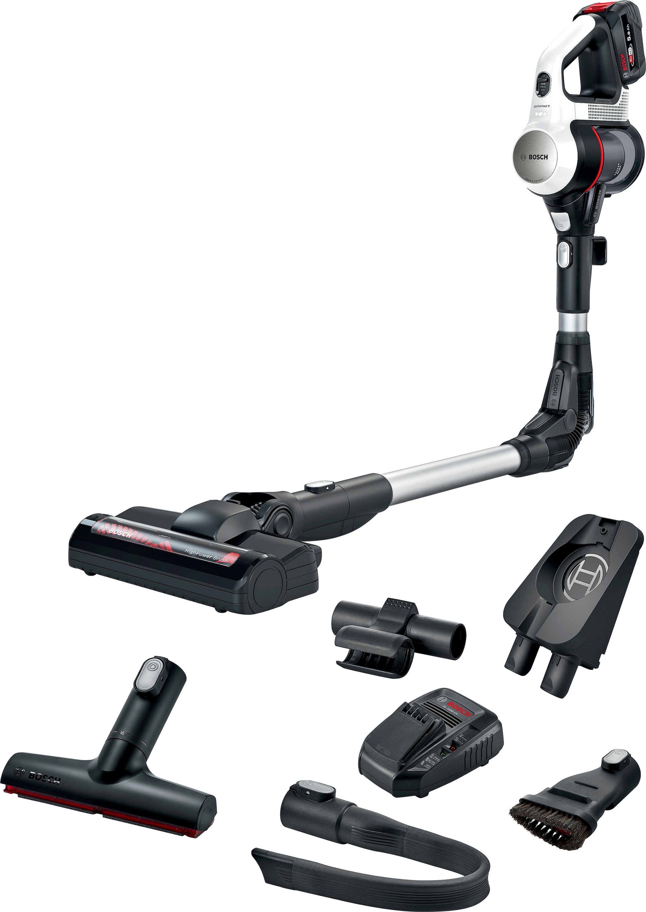 BOSCH Akku-Bodenstaubsauger »Unlimited 7 BSS715CARP, 5.0 Ah Akku, Knickrohr, Hygiene-Filter,«, 10 Jahre Motorgarantie, Schnellladegerät, Made in Germany, weiß