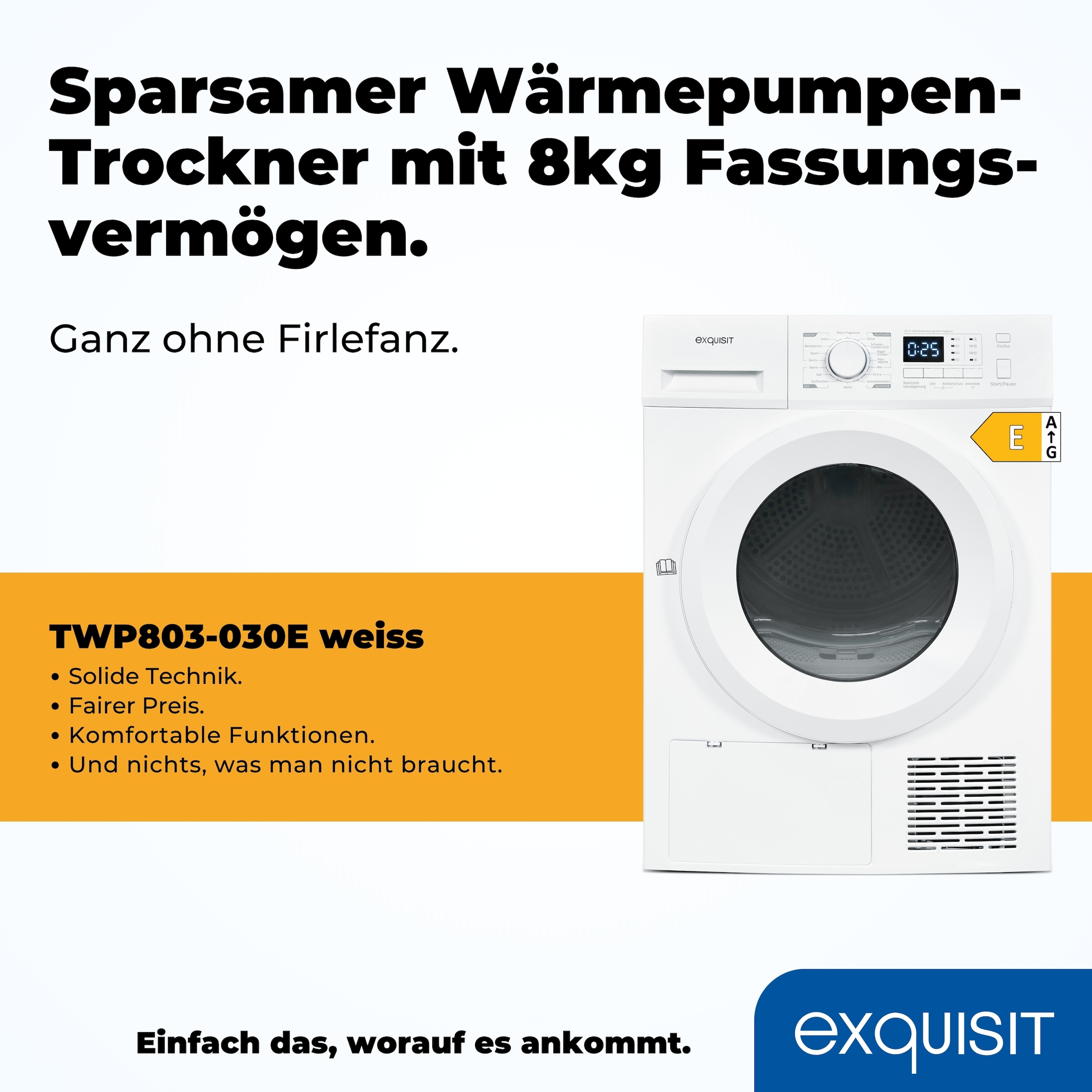 exquisit Wärmepumpentrockner »TWP803-030 weiss« 8 kg, 16 Programme, Startzeitvorwahl, Knitterschutz, Innenbeleuchtung
