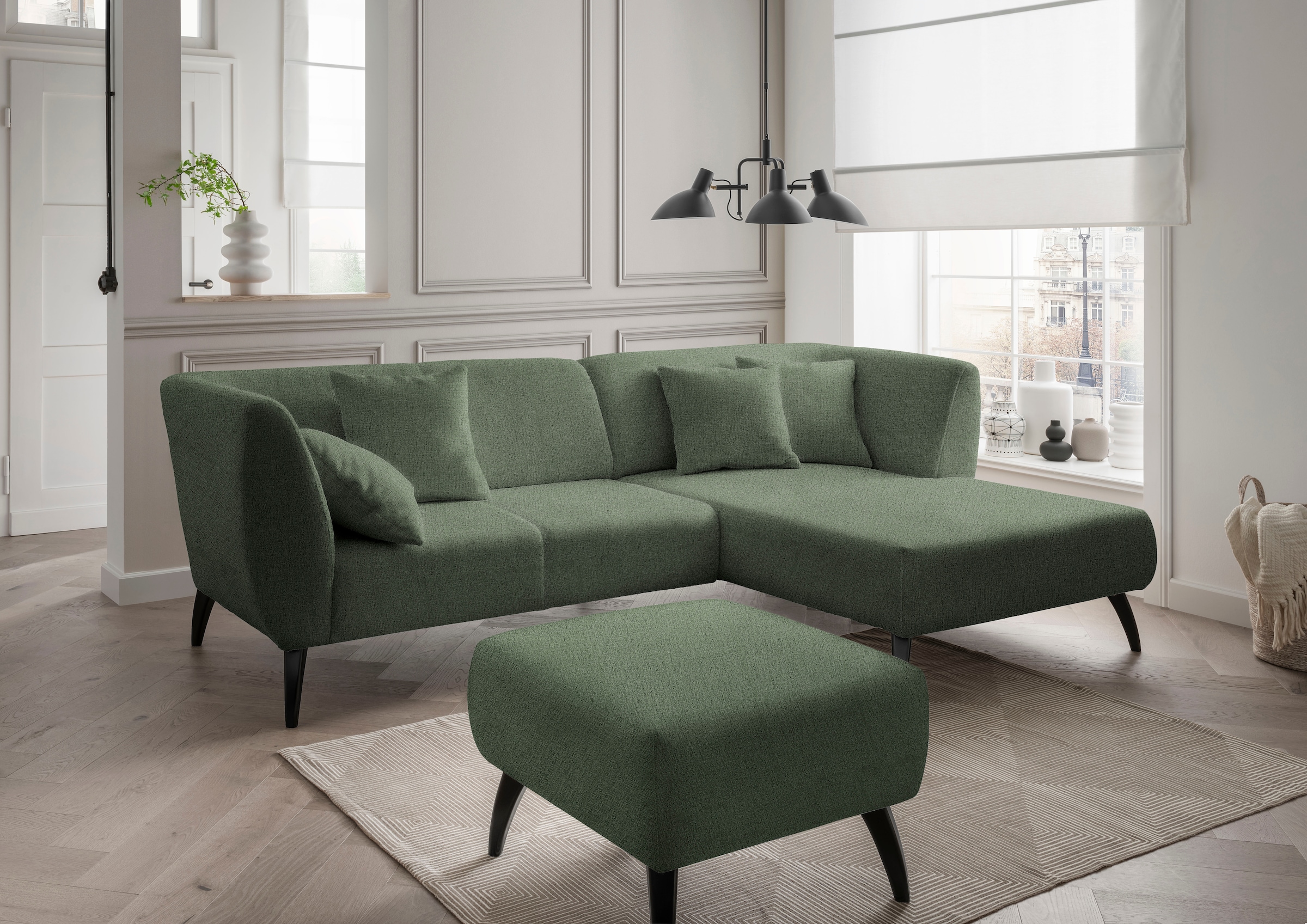 INOSIGN Ecksofa »Colori L-Form«, Holzfußfarbe wählbar, inkl. 4x Zierkissen, verschiedene Stoffe