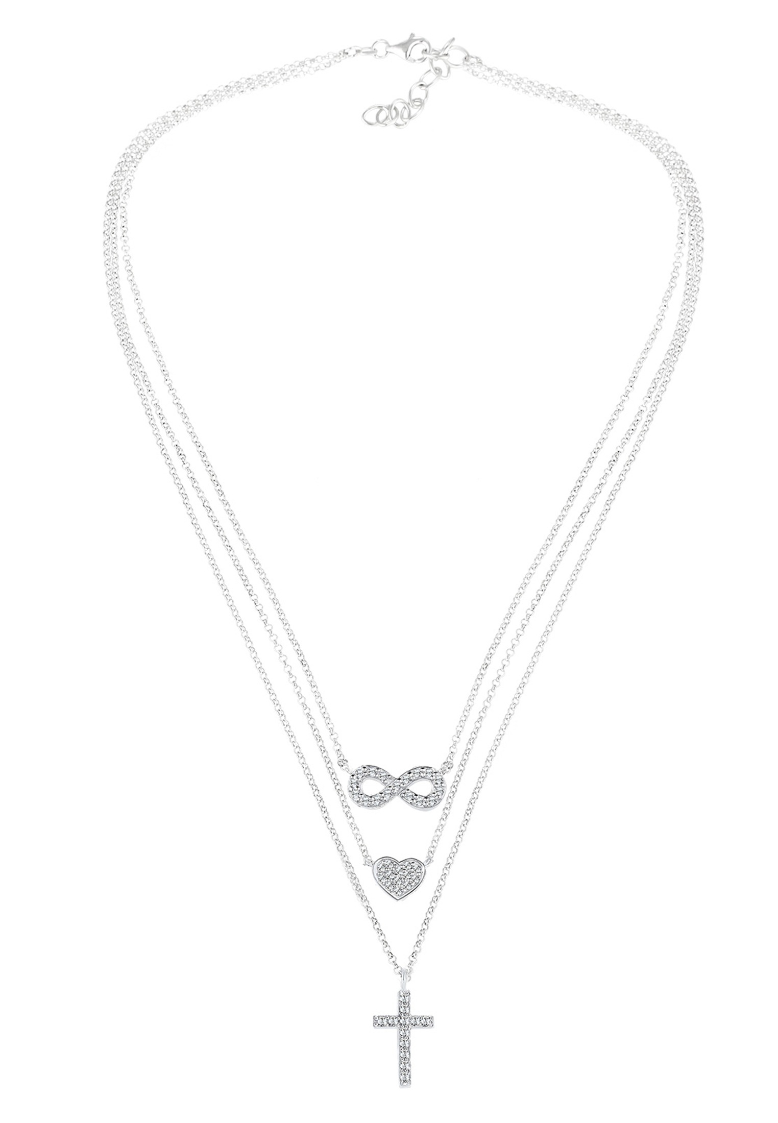 Elli Silberkette »Halskette Layer Kreuz Infinity Herz Glas Kristalle Weiß 925 Sterling Silber«