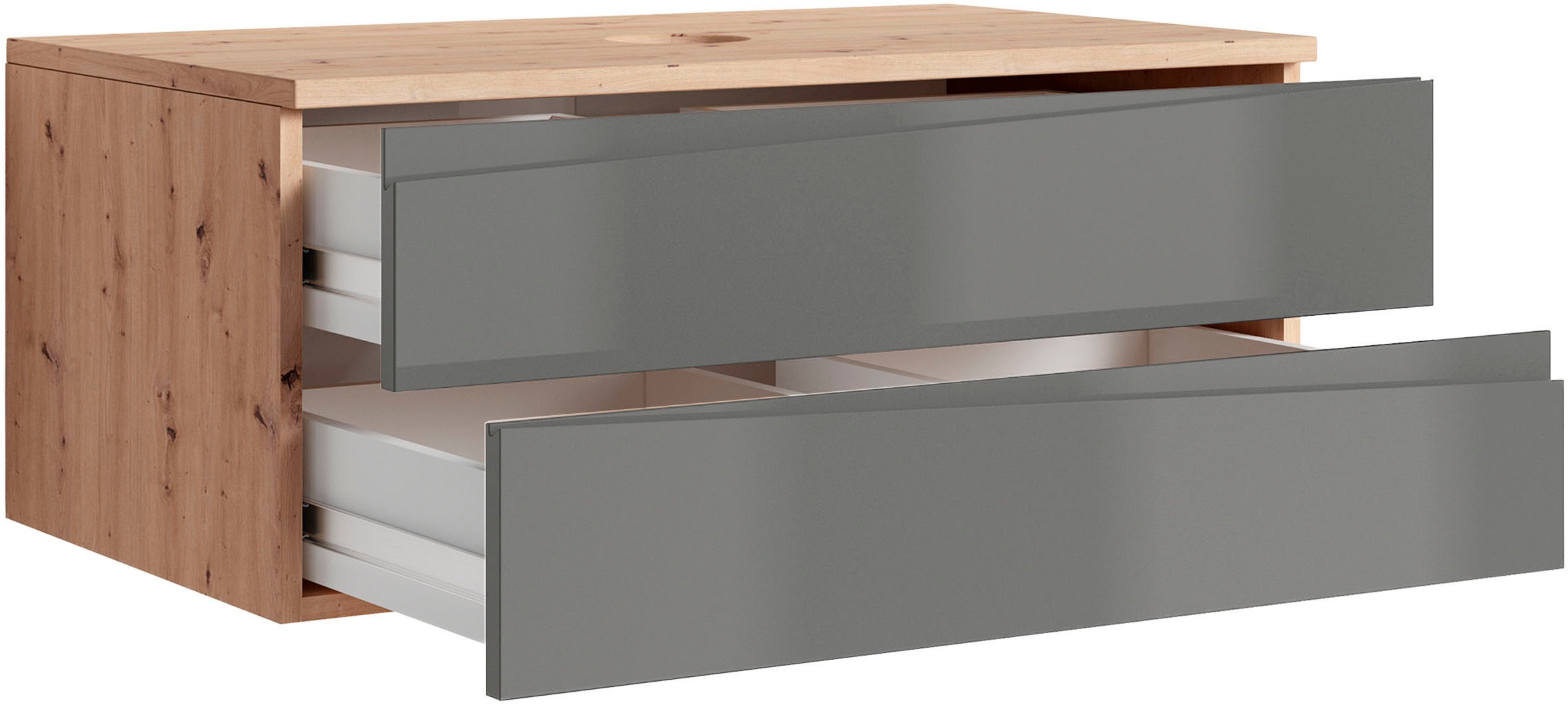 byLIVING Waschbeckenschrank »Shape«, (1 St.), für Aufsatzbecken mit asymetrischer Hochglanz Front, 2 Schubkästen