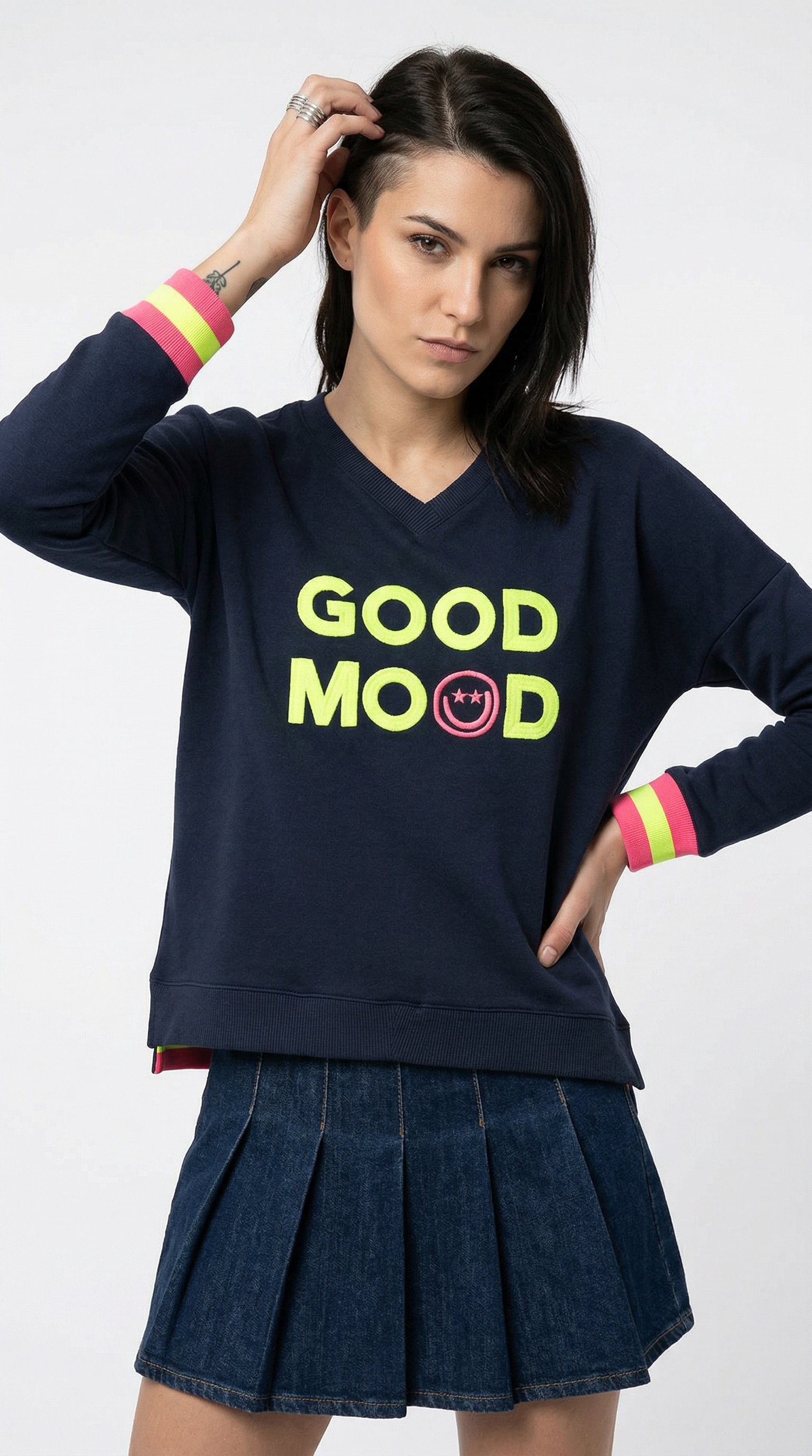 Zwillingsherz Sweatshirt , Langarm, Neon-Details, V-Ausschnitt, Schriftzug
