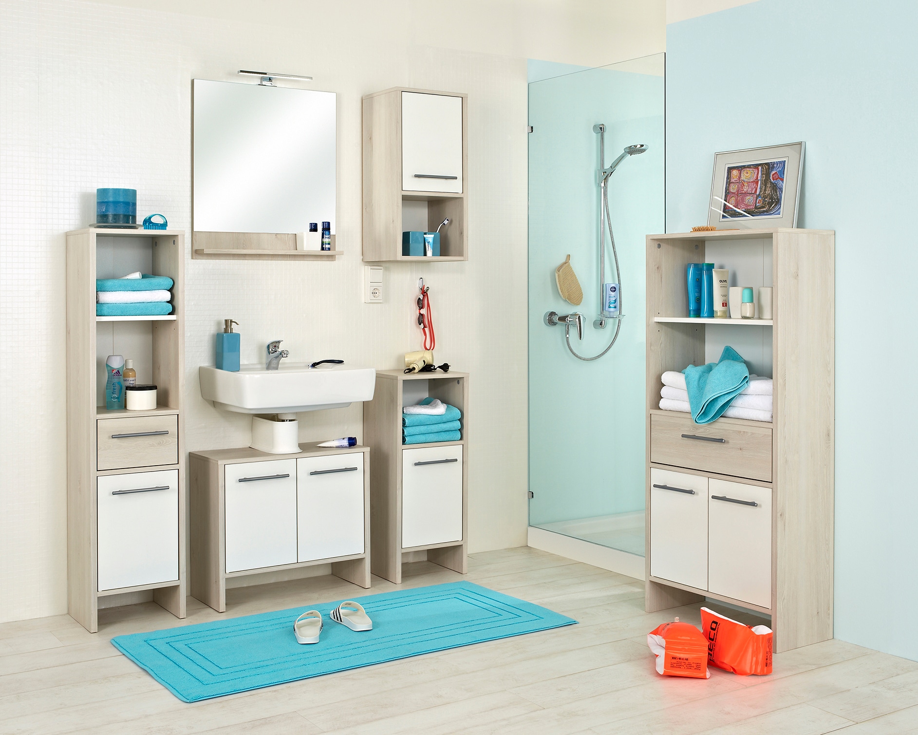 Saphir Midischrank »Quickset 350 Badschrank 62 cm breit, 2 Türen, 1 Schublade, 2 Fächer«, (1 St.), Badezimmer-Midischrank Pinie Ida hell, Griffe alufarbig