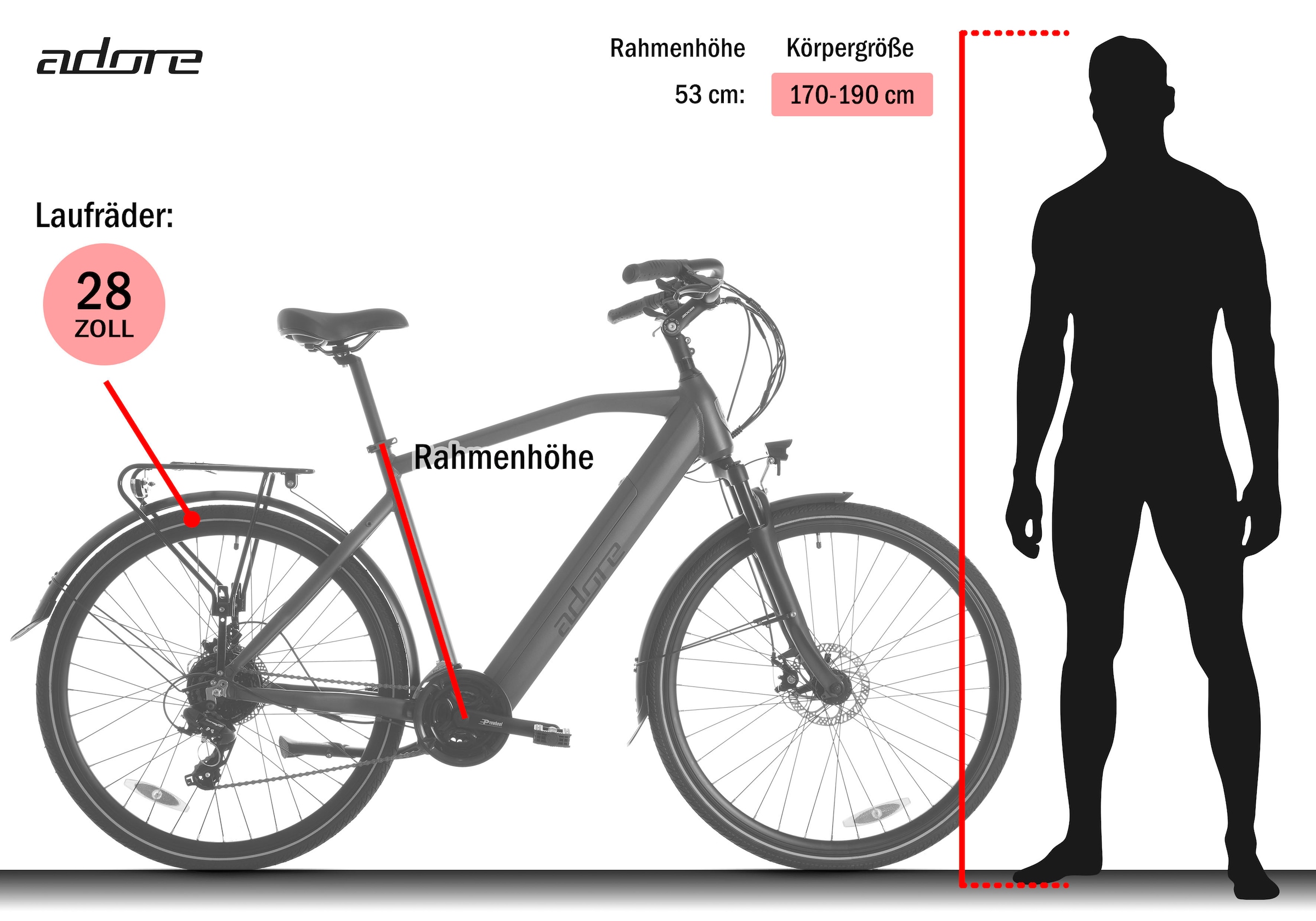 Adore »ATR-190« 24 Gang Shimano Tourney Schaltwerk Kettenschaltung Heckmotor 250 W Pedelec, Elektrofahrrad für Herren