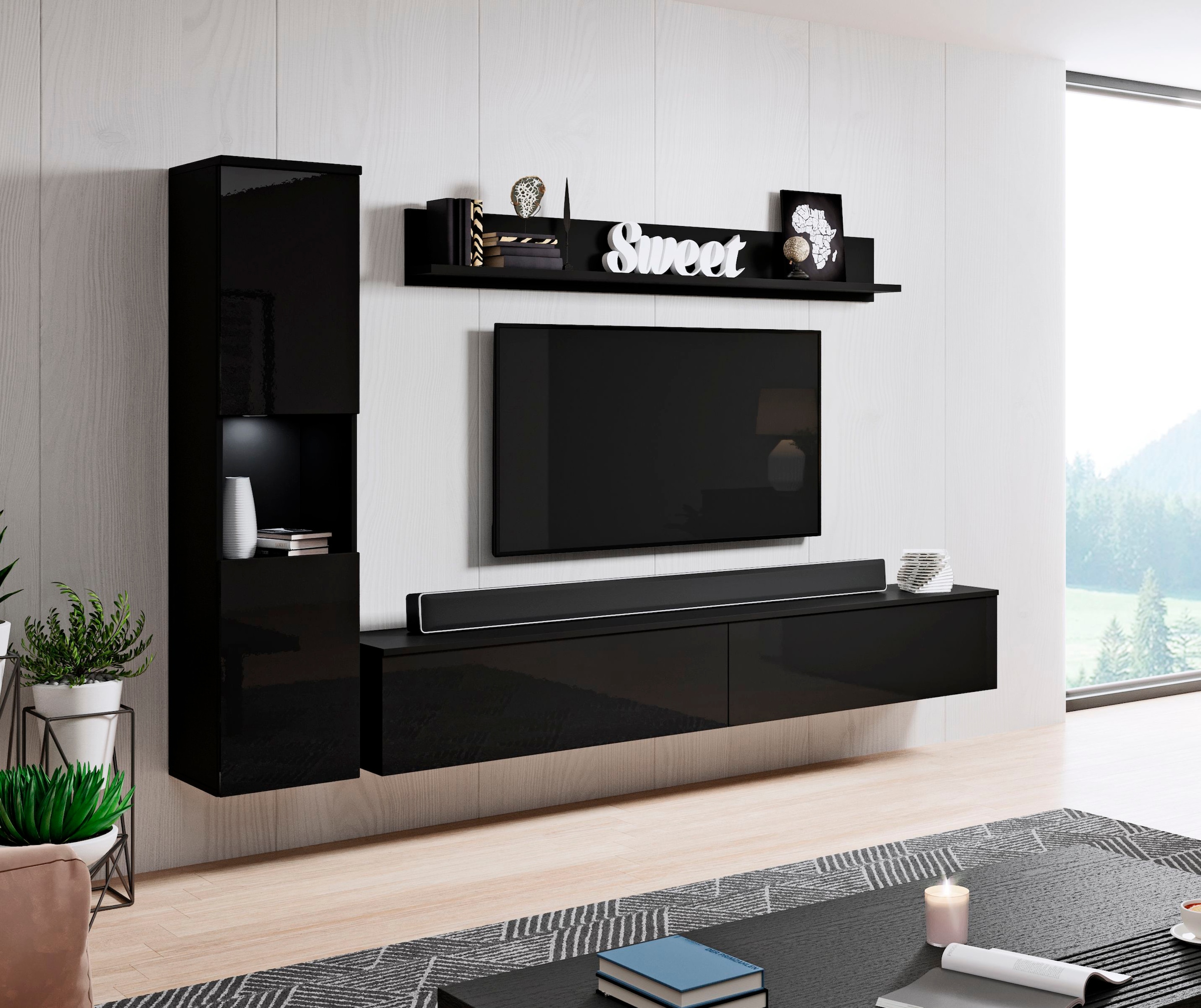 INOSIGN Wohnwand »PARIS«, (Komplett-Set, 3 St.), TV-Wand 220cm breite, grifflose Design, stehend und hängend montierbar