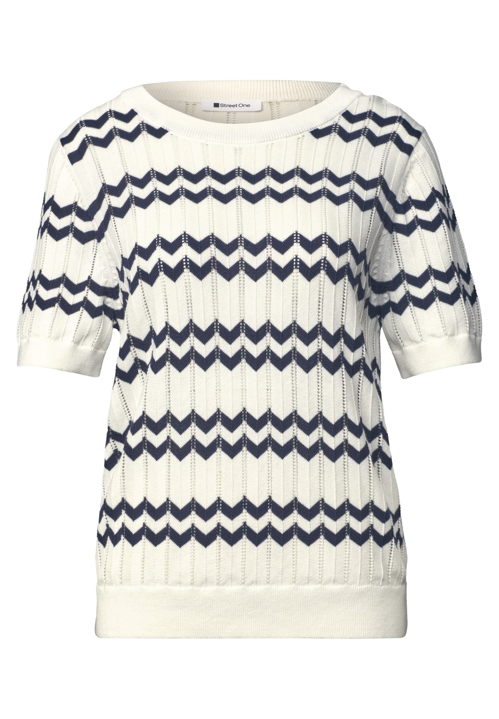 STREET ONE Kurzarmpullover Kurzarm-Sommer-Pullover mit Zick-Zack-Muster