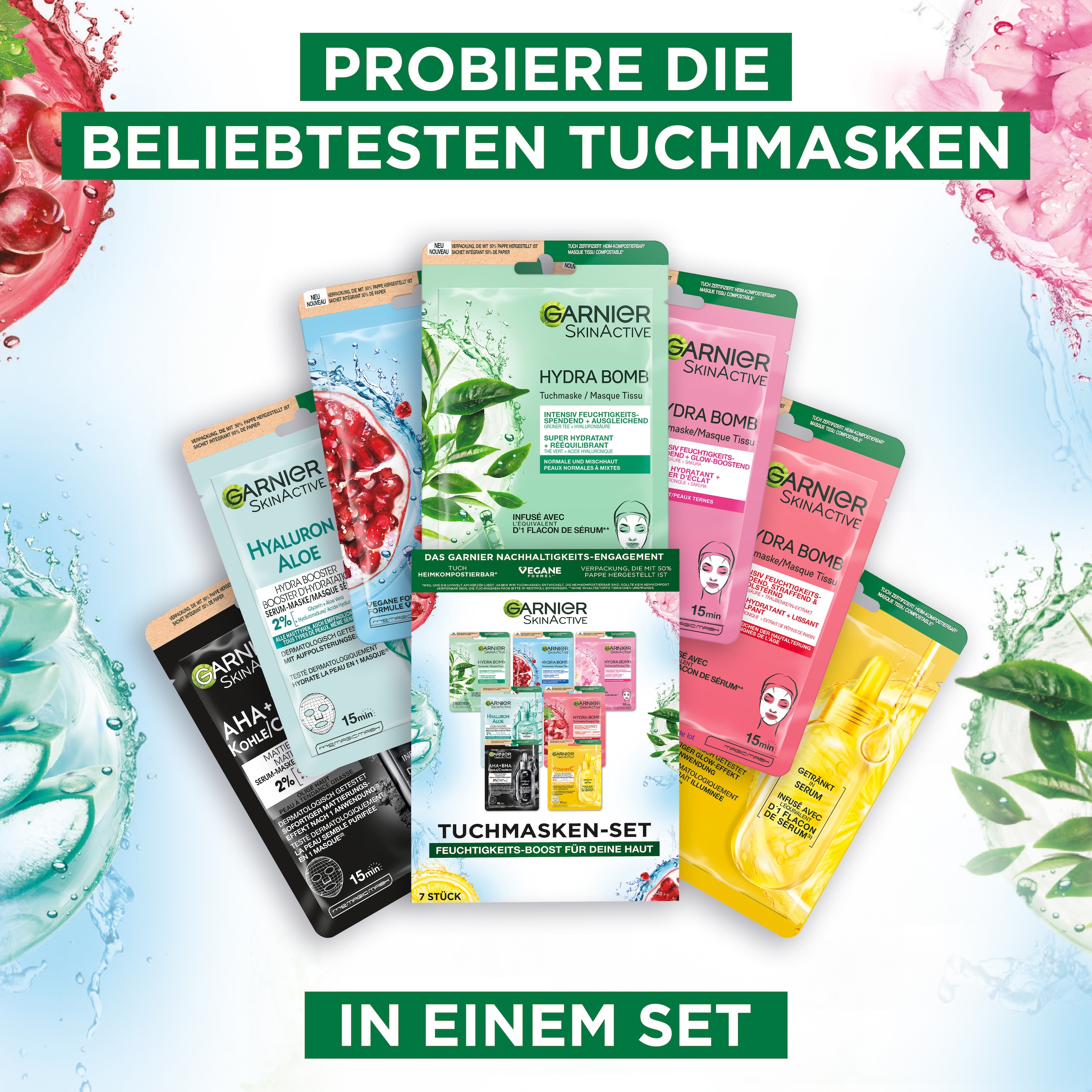 GARNIER Tuchmaske »Garnier SkinActive Tuchmasken-Set« mit sieben regenerierenden Masken, für Gesicht und alle Hauttypen