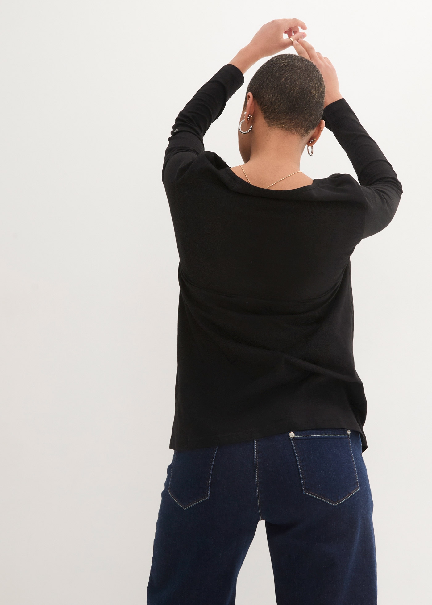 bonprix Langarmshirt gerade Passform, Krempelärmel, Henley-Ausschnitt