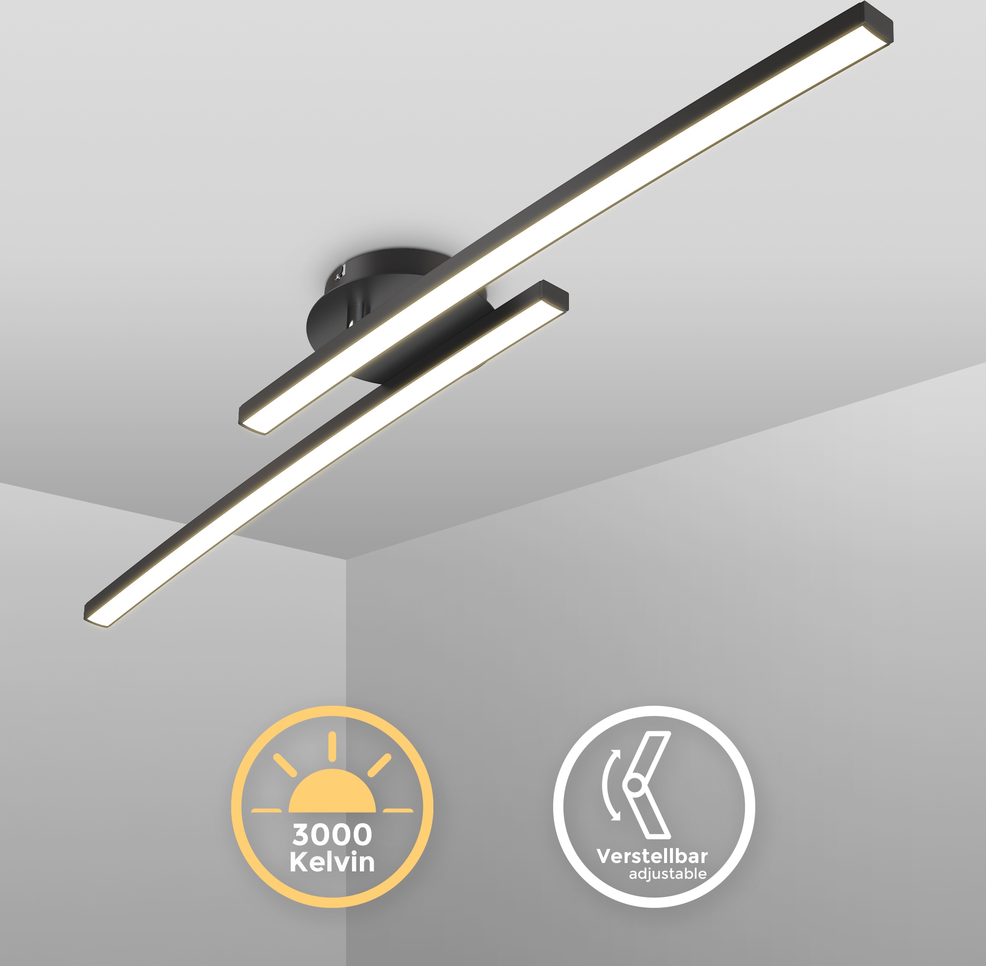 B.K.Licht Deckenleuchte, 2 flammig, Leuchtmittel LED-Modul | LED fest integriert, 2-flammige 12W Deckenlampe, schwenkbar, warmweiß, Schwarz, 1100 Lumen