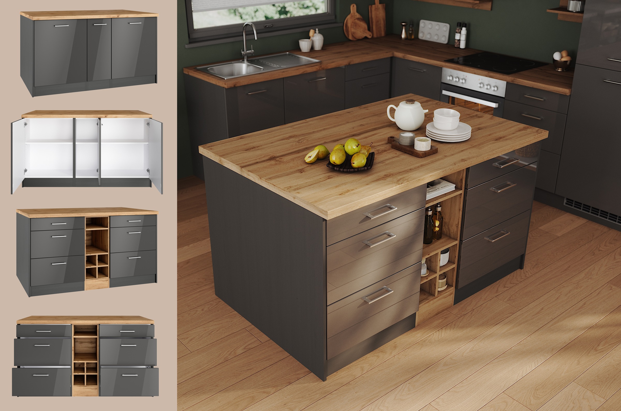 KOCHSTATION Kücheninsel »KS-Milan«, Stellmaß 153/100 cm, viel Stauraum, Lebensmittelpunkt: Küche