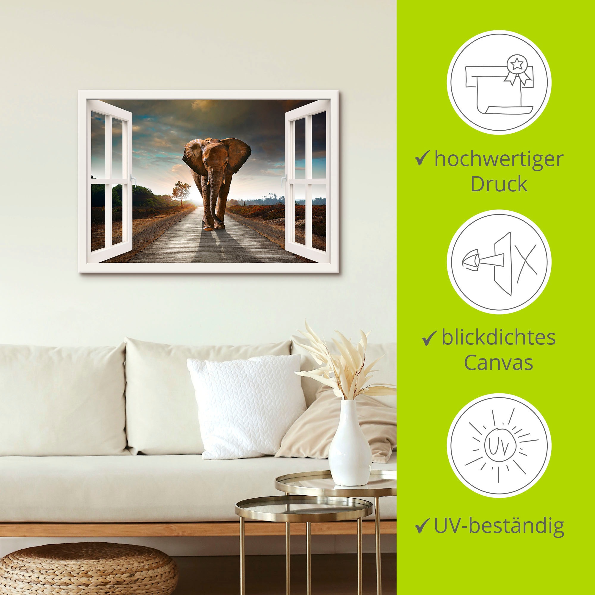 Artland Wandbild »Elefant auf Straße«, Fensterblick, (1 St.), als Leinwandbild, Poster in verschied. Größen