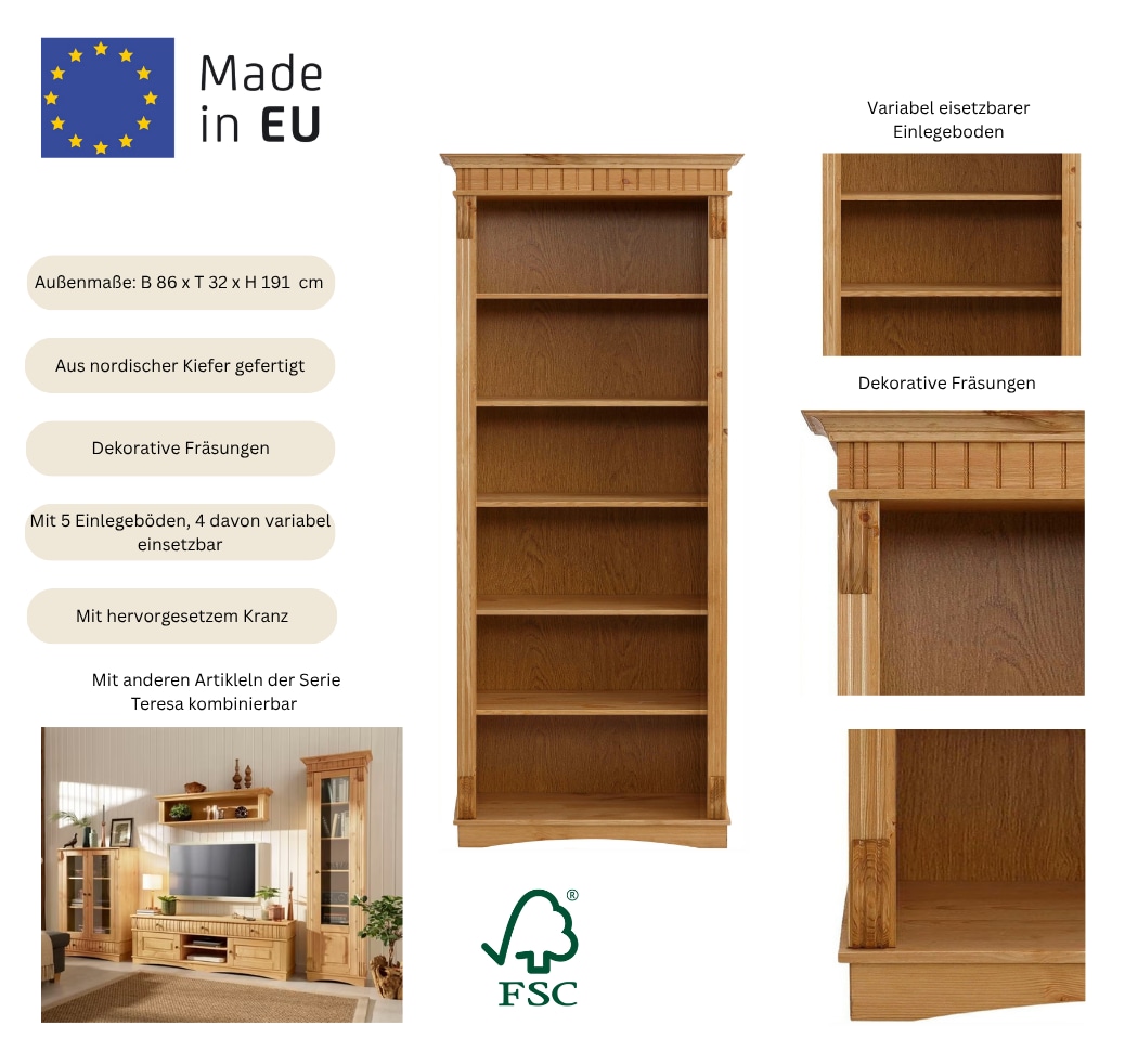 Home affaire Regal »Teresa, Standregal, Bücherregal«, aus massiver Kiefer, Breite 86 cm, Höhe 193 cm, FSC®