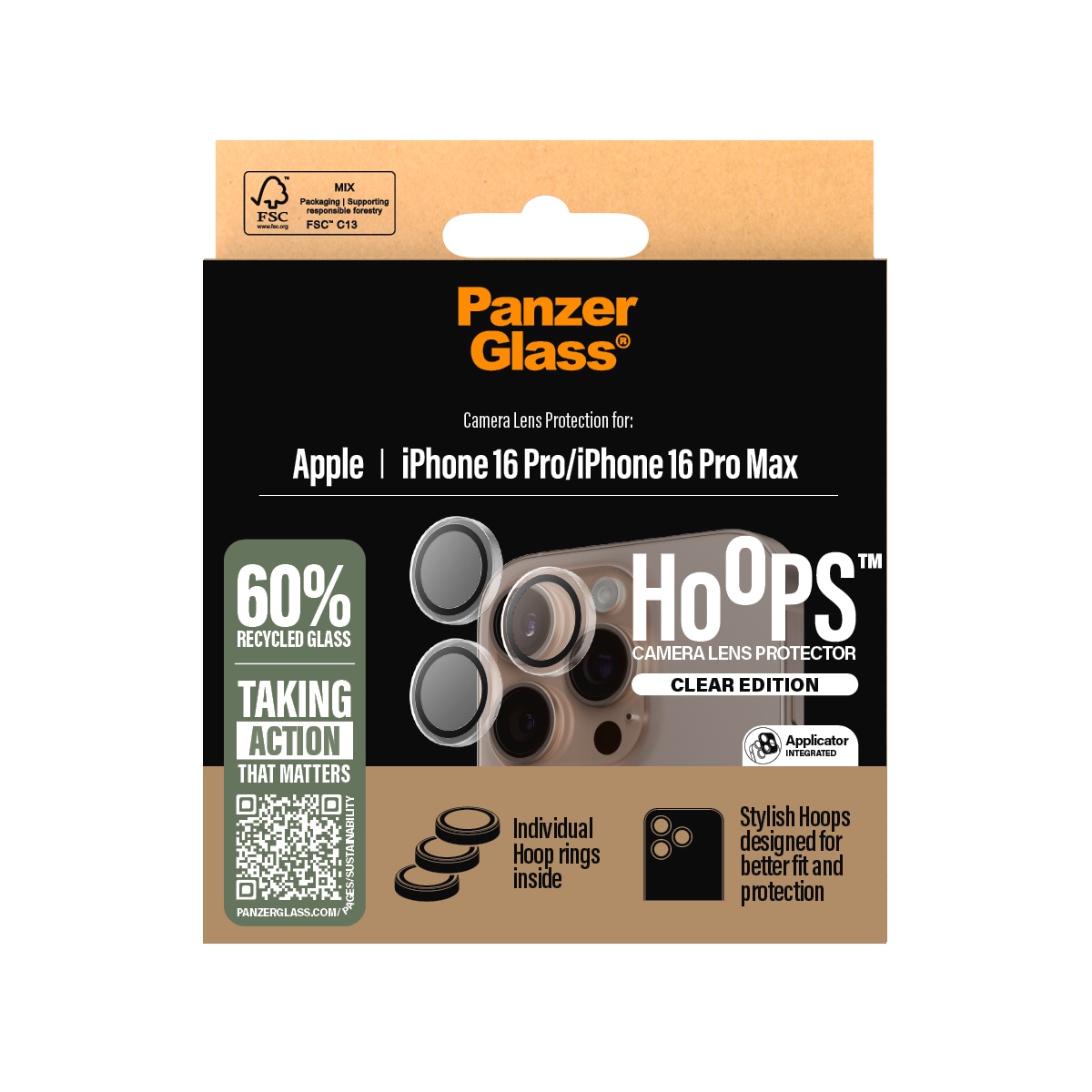 PanzerGlass Kameraschutzglas »Hoops Camera Lens Protection«, für Apple iPhone 16 Pro-Apple iPhone 16 Pro Max, (3 St.), Lens Cover, Schutzfolie, Schutzglas, kratz- & stoßfest