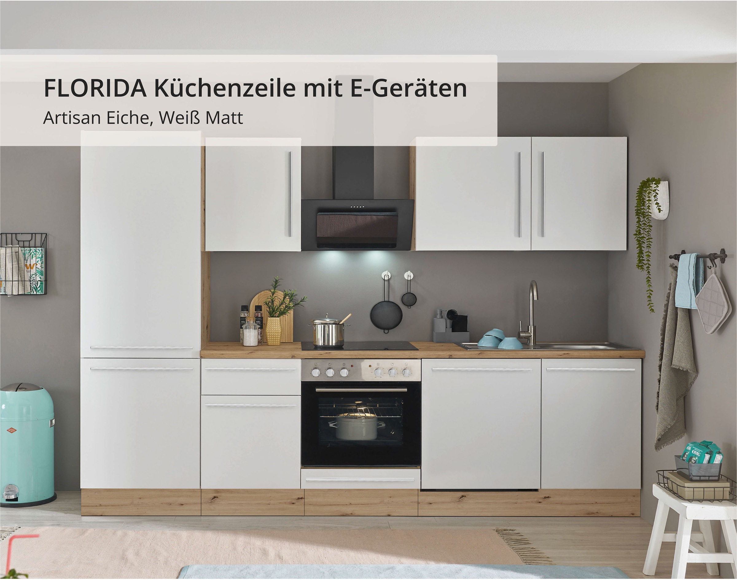 KOCHSTATION Küchenzeile »KS-Florida mit 38mm starker Arbeitsplatte«, Breite 280 cm, wahlweise mit E-Geräten, Soft-Close-Funktion