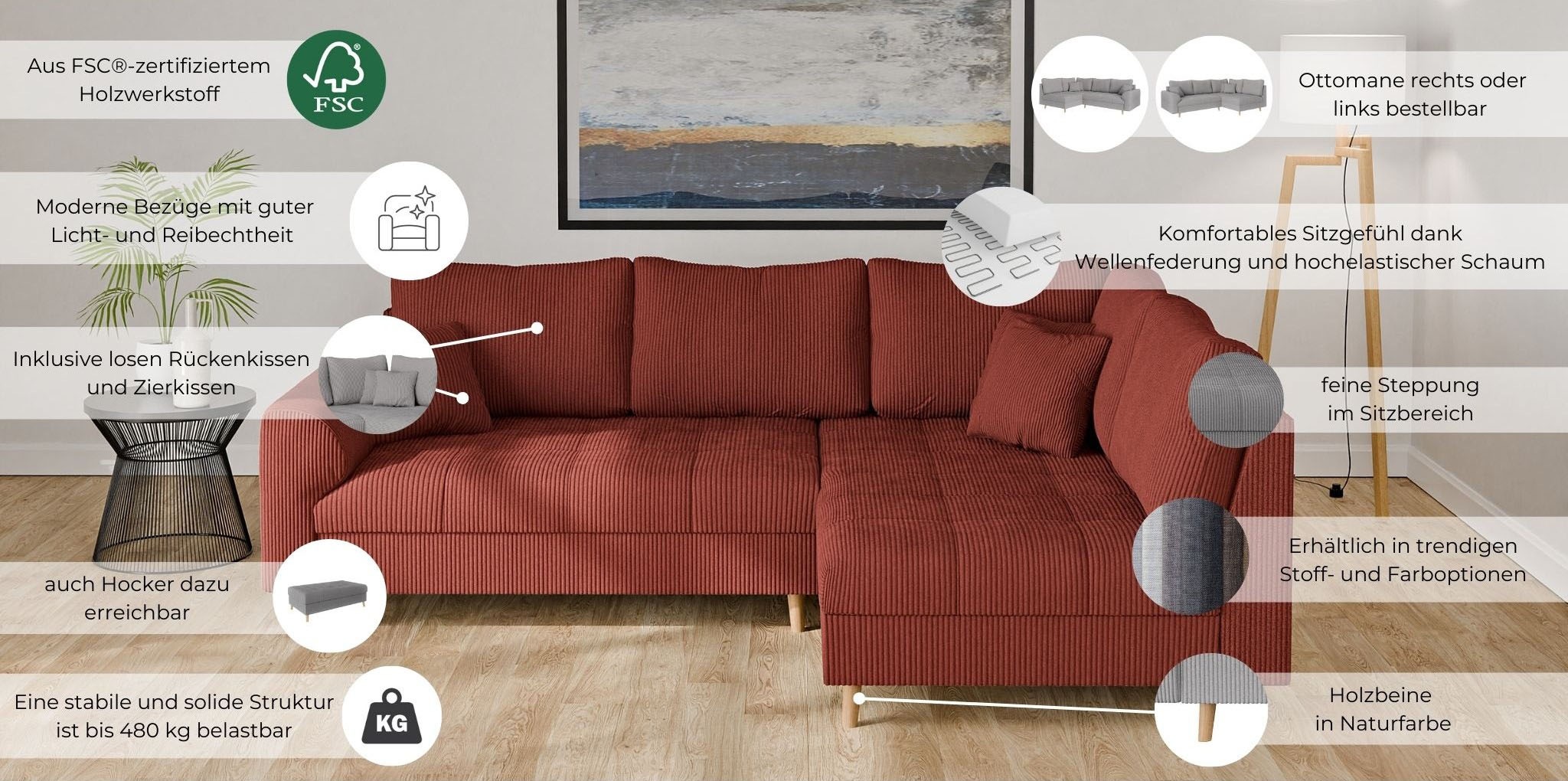 Home affaire Ecksofa »CHARRE L-Form mit Ottomane, Maße B/T/H: 231/161/81 cm«, feine Steppung, lose Rücken- und Zierkissen, auch in Cord und Bouclé