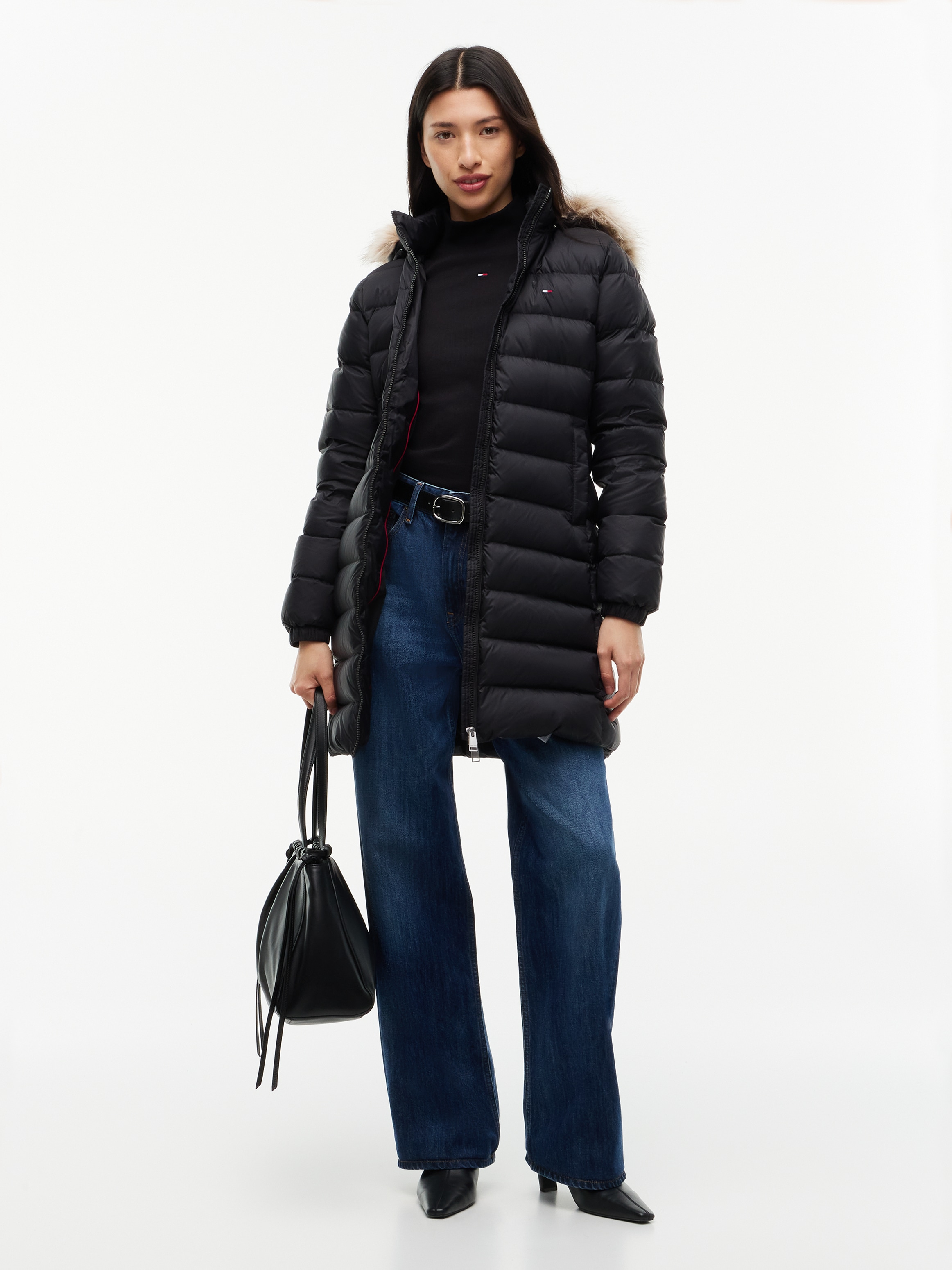Tommy Jeans Steppmantel »TJW ESSENTIAL HOODED DOWN COAT« mit Fellimitat, Logostickerei