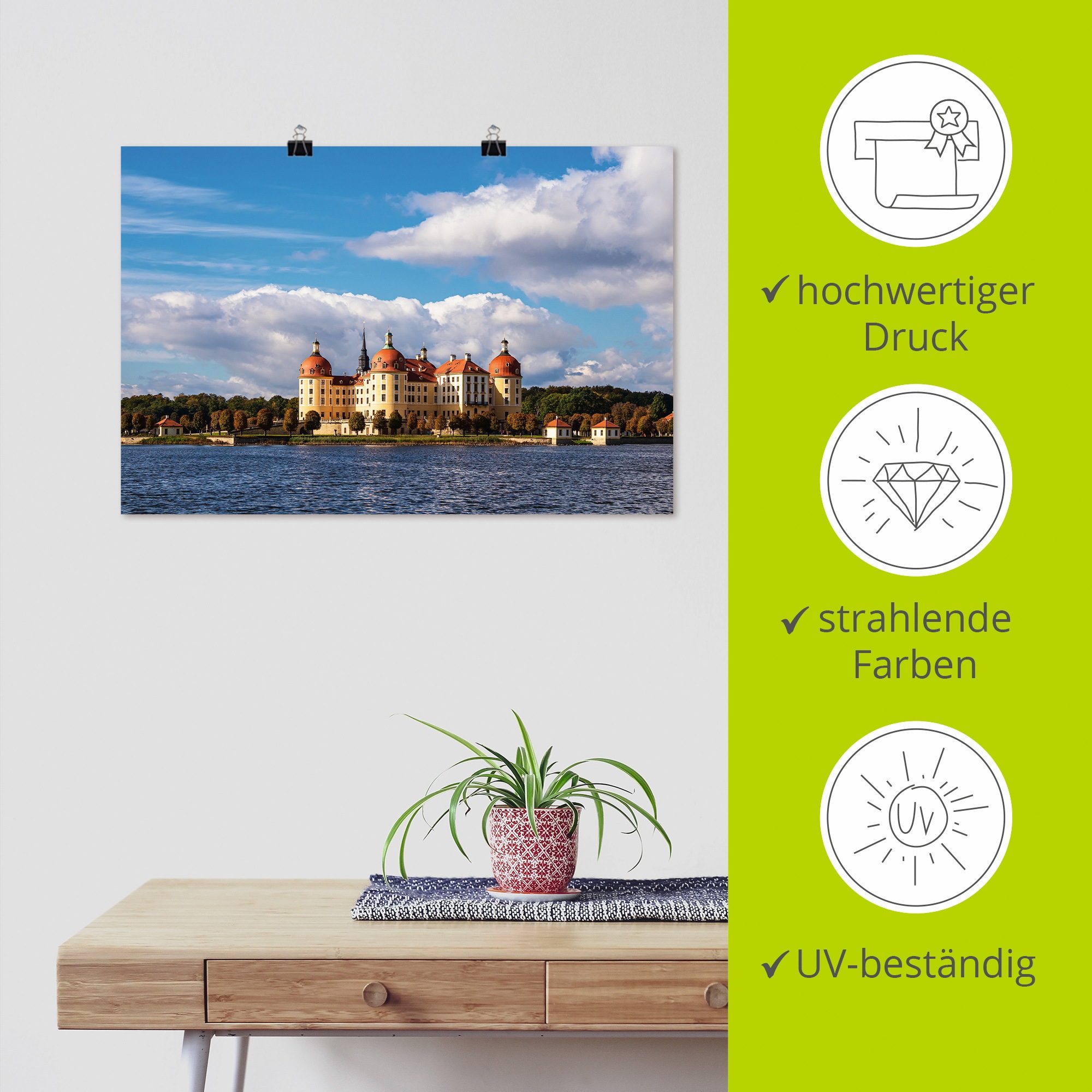 Artland Poster »Blick auf Schloss Moritzburg in Sachsen«, Gebäude, (1 St.), als Alubild, Leinwandbild, Wandaufkleber oder Poster in versch. Größen