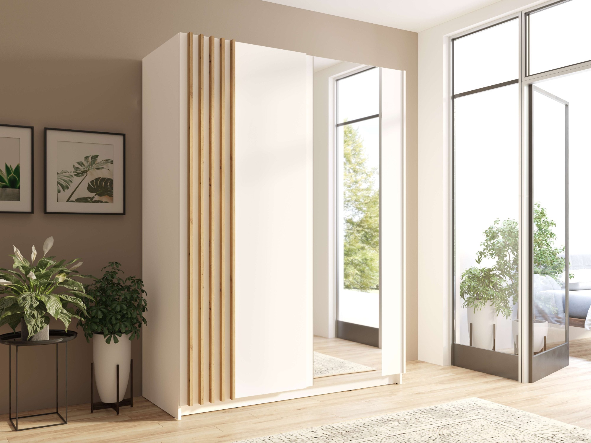 INOSIGN Kleiderschrank »Kleiderschrank Charisy mit Spiegel, 4 Einlegeböden und Kleiderstange«, Garderobe mit 2 Schwebetüren und Lamellen, B/H/T 150/198,5/62 cm