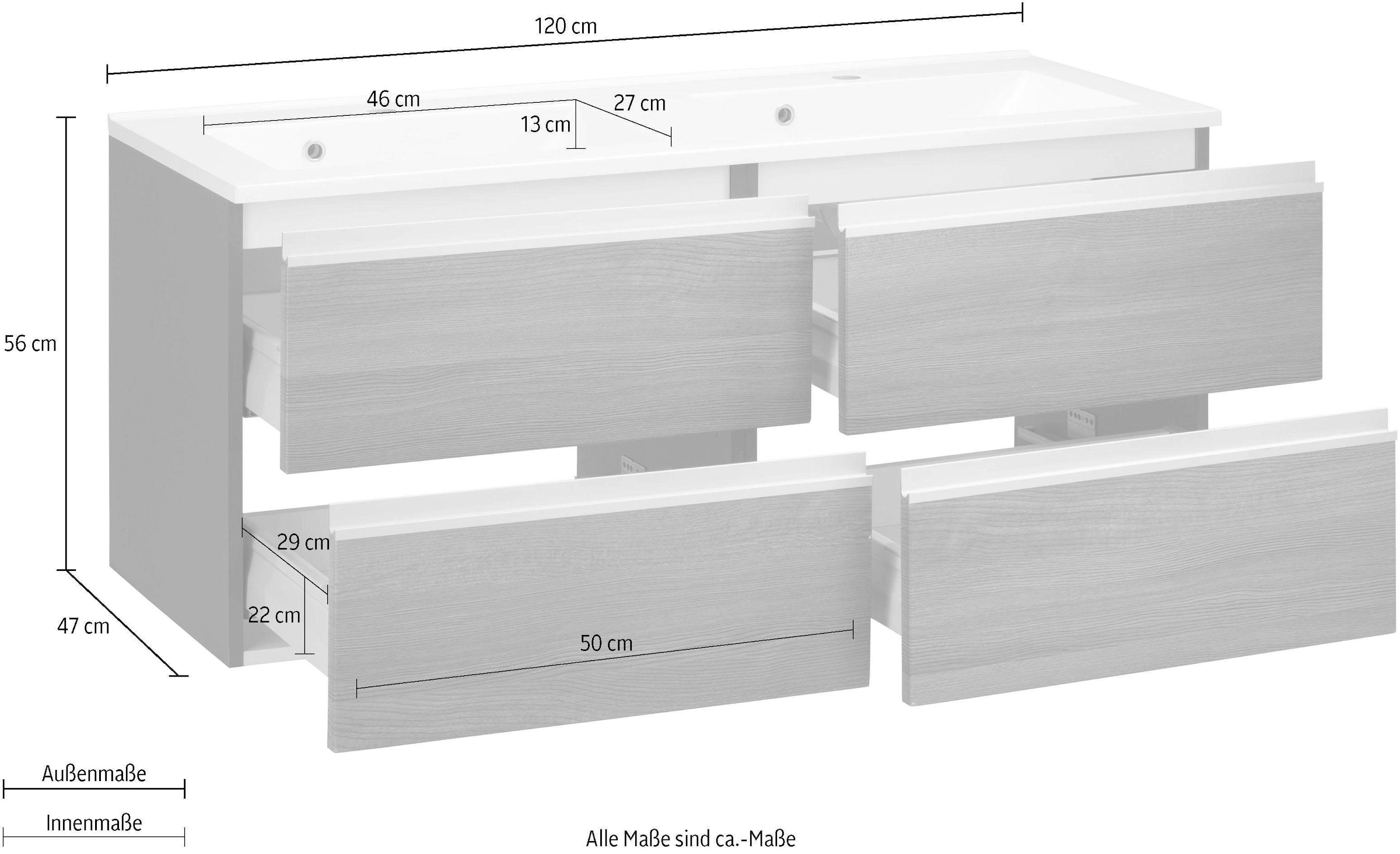 welltime Waschbeckenunterschrank »Ohio«, Badmöbel, Waschtisch inkl. Waschbecken, Breite 120 cm