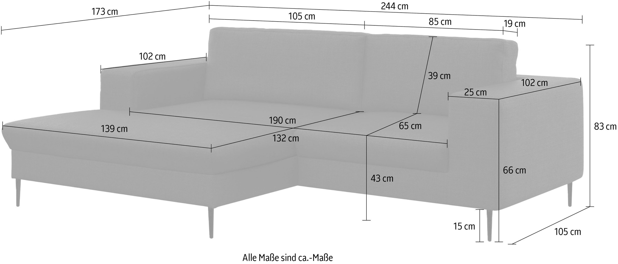 DOMO collection Ecksofa »Modica kompakt und elegant, Breite 244, L-Form«, moderne Optik mit extrabreiter Recamiere, auch in Cord