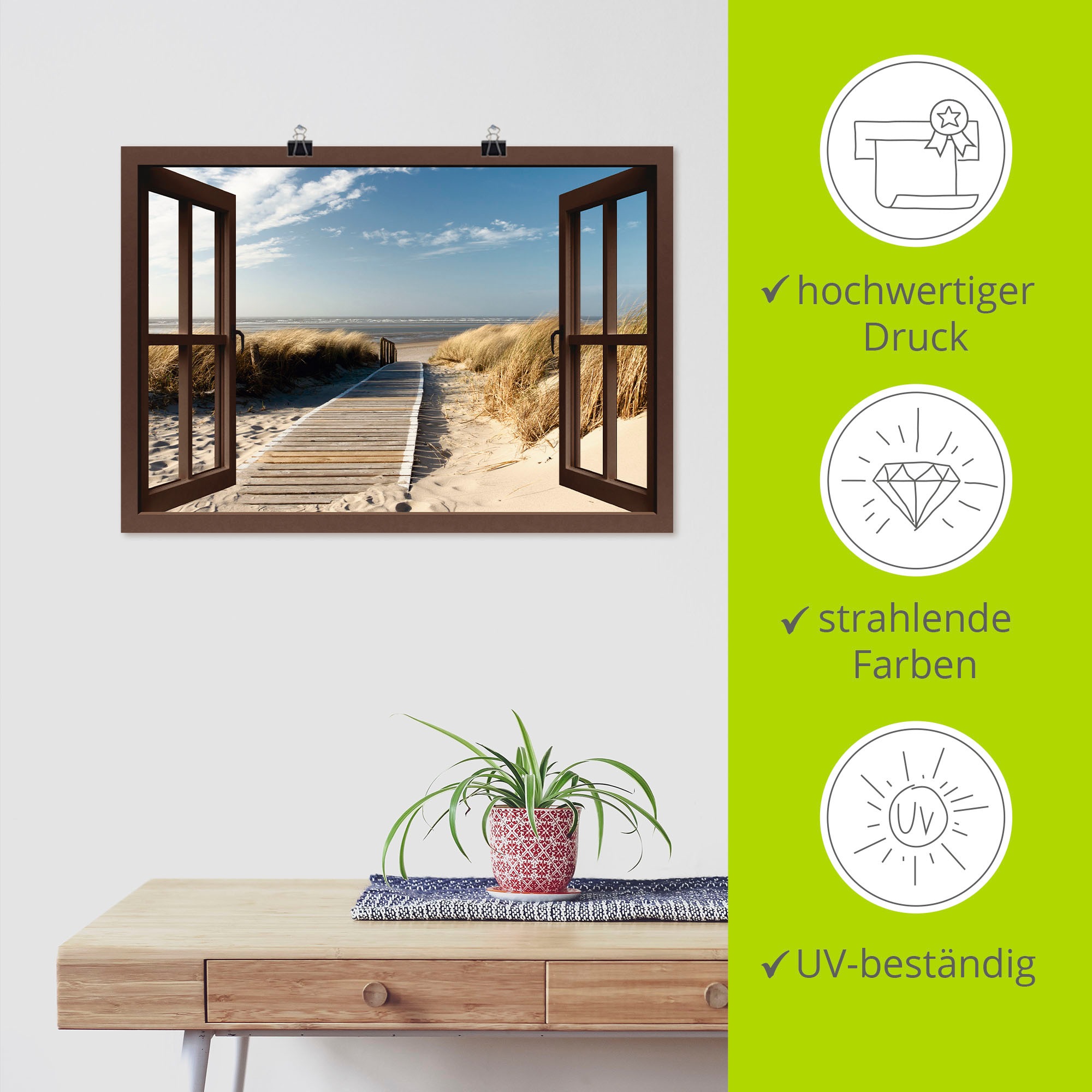 Artland Wandbild »Fensterblick Nordseestrand auf Langeoog«, Fensterblick, (1 St.), als Leinwandbild, Poster, Wandaufkleber in verschied. Größen