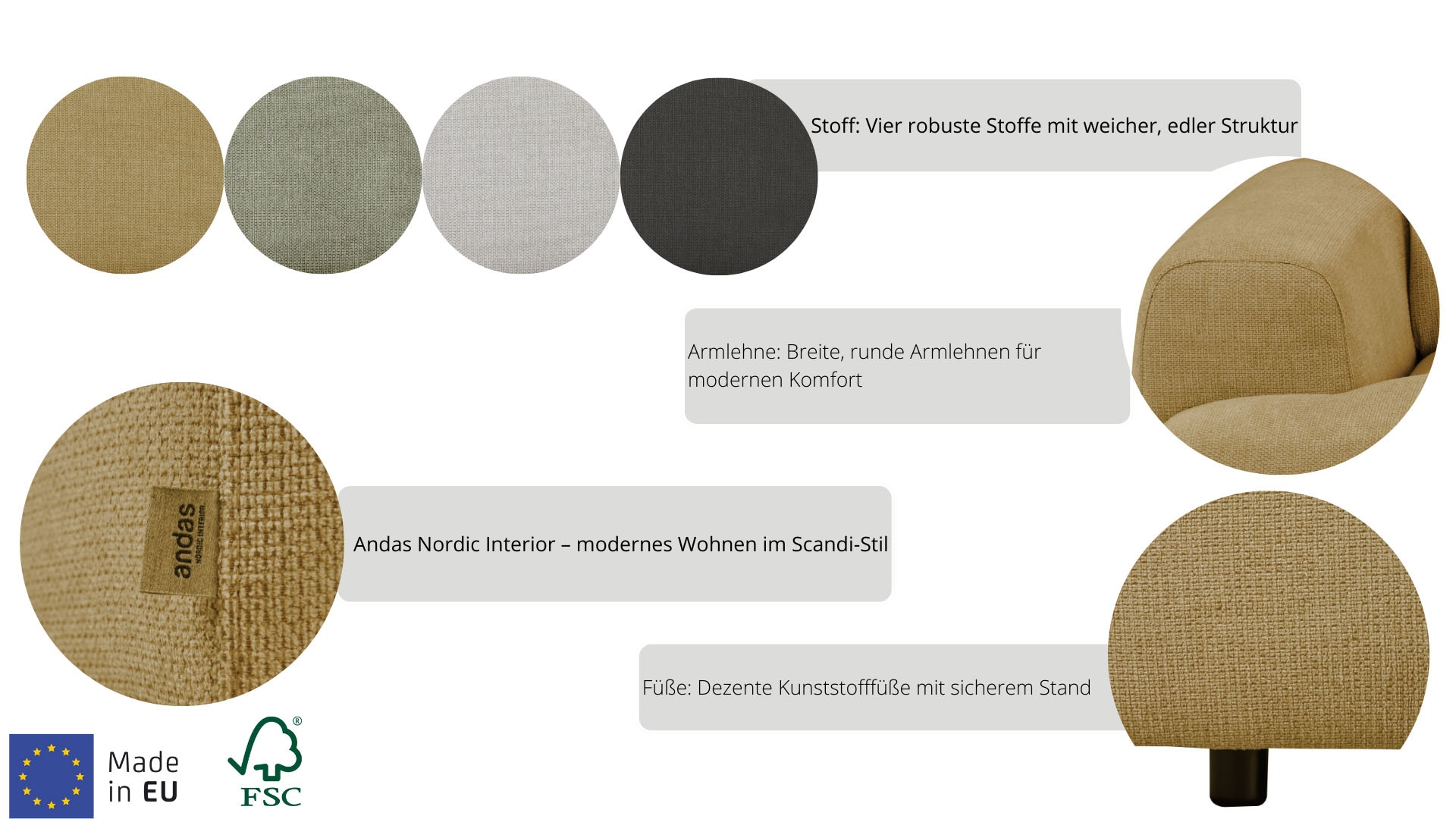 andas Ecksofa »Linkka, Breite 282 cm« L-Form, in einem weichen Chenille-Stoff, mit Wellenunterfederung