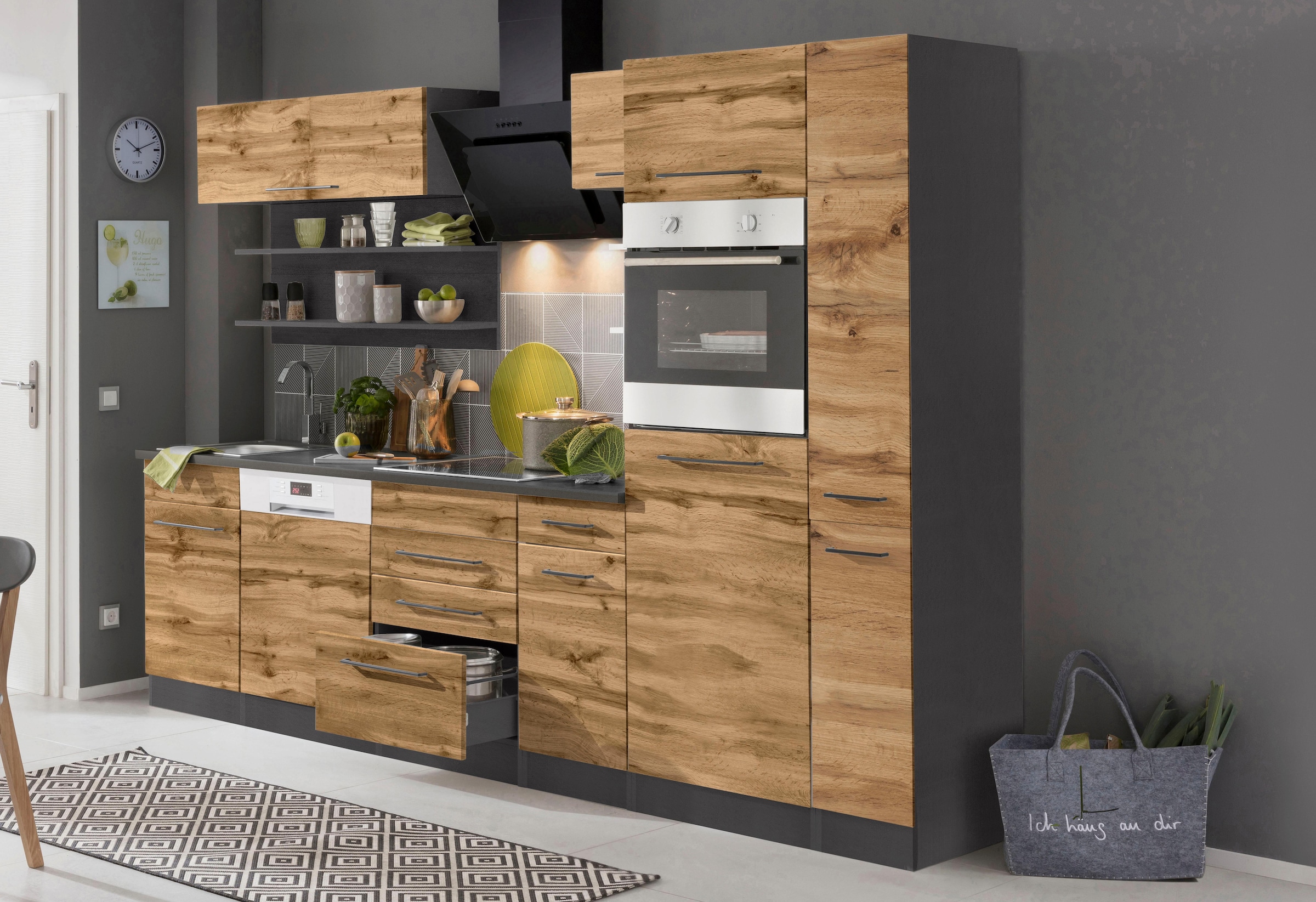 KOCHSTATION Küchenzeile »KS-Tulsa« ohne E-Geräte, Breite 270 cm, schwarze Metallgriffe, MDF Fronten