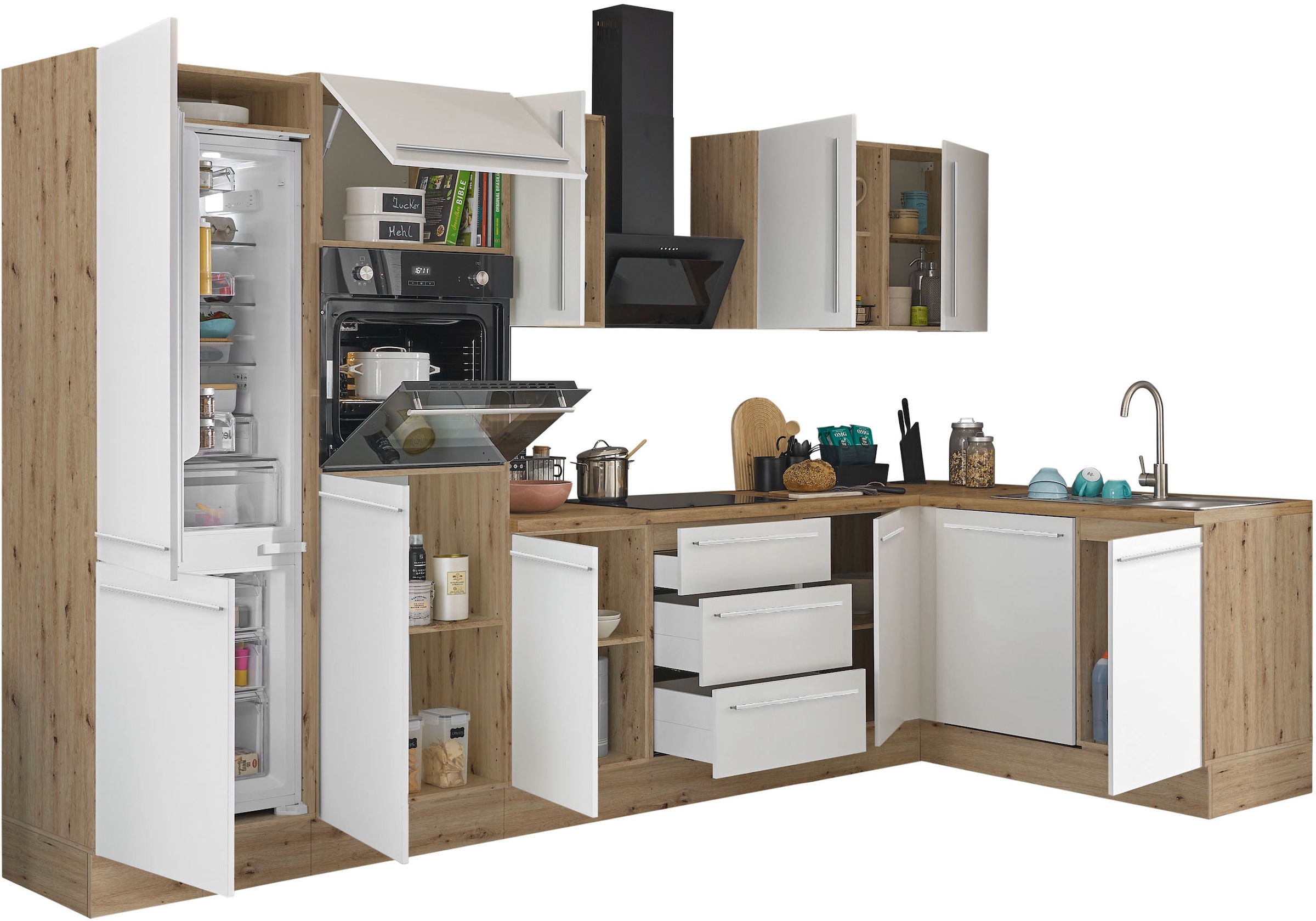 KOCHSTATION Winkelküche »Florida, Stellbreite 340x175 cm« wahlweise mit E-Geräten, mit Softclose für Türen und Schubkästen