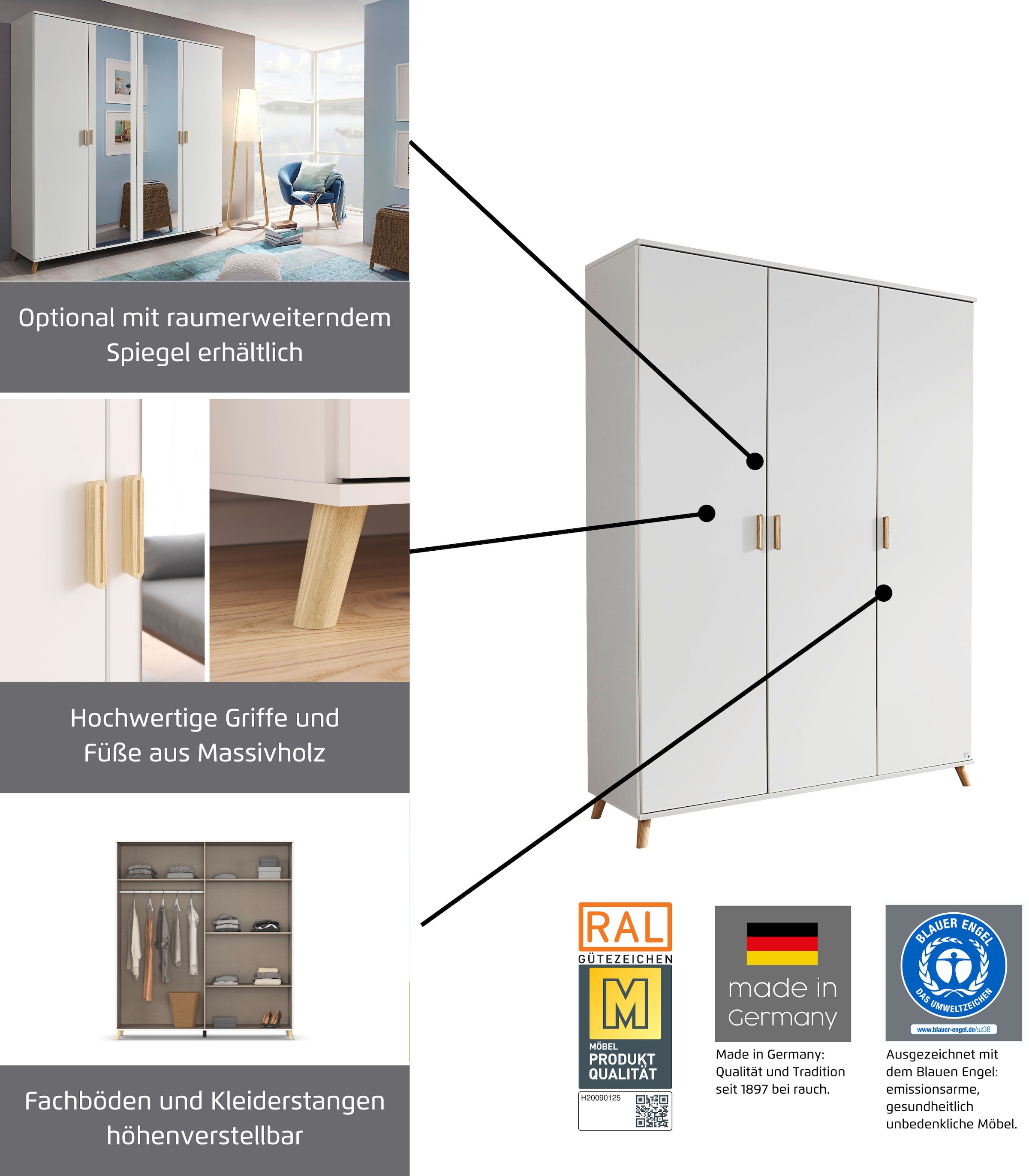 rauch Kleiderschrank »Ottos Choice Skandi Kinderzimmer Bestseller Schlafzimmerschrank FALUN« Breite 137/182, Höhe 203 cm,  im modernen Skandi-Look, Füße/Griffe Eiche massiv MADE IN GERMANY