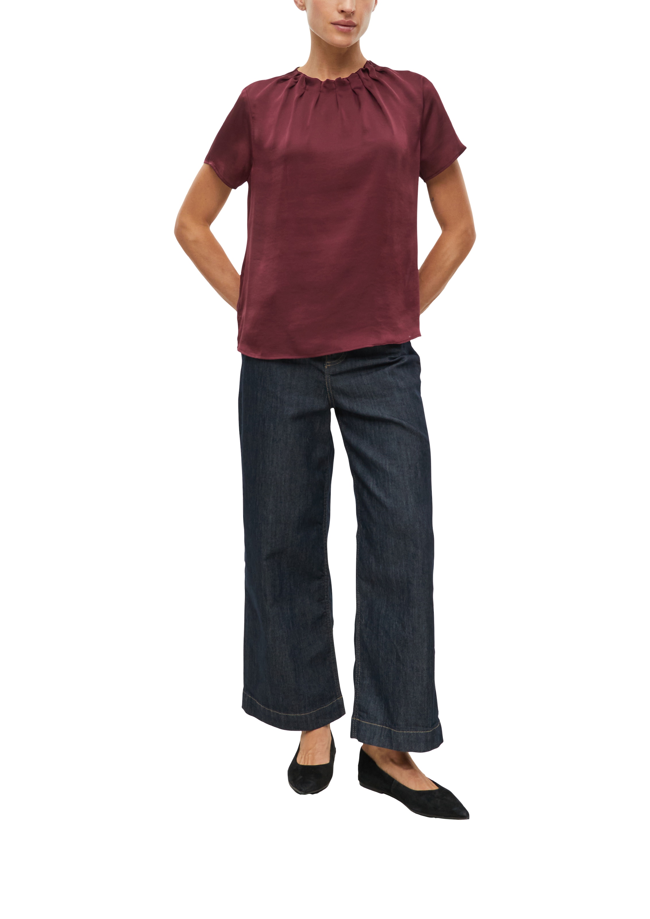 s.Oliver BLACK LABEL Kurzarmbluse Sommerbluse mit gerafftem Rundhals