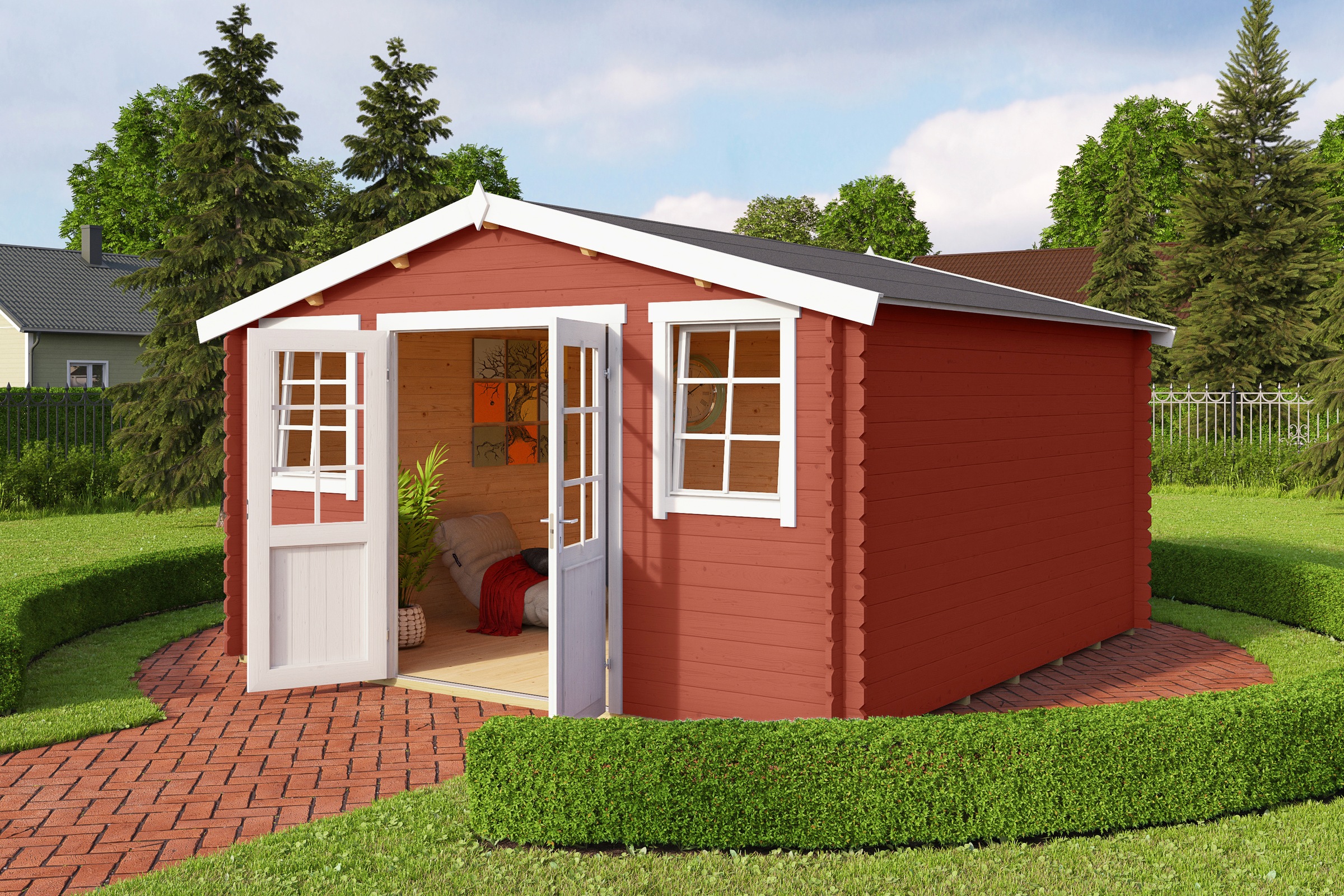 LASITA MAJA Gartenhaus »Wels 4«, Blochbohlenhaus 28mm, Fundamentmass 3900x3900, Schwedenrot