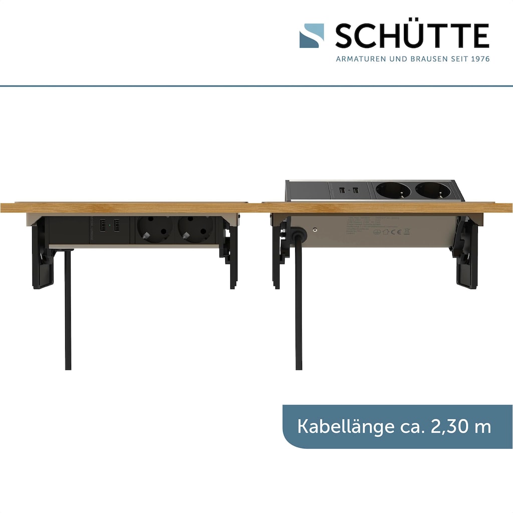 Schütte Einbau-Tischsteckdosenleiste »E2«, 2-fach, (Klappendeckel Schutzkontaktstecker Kabellänge 2,3 m)